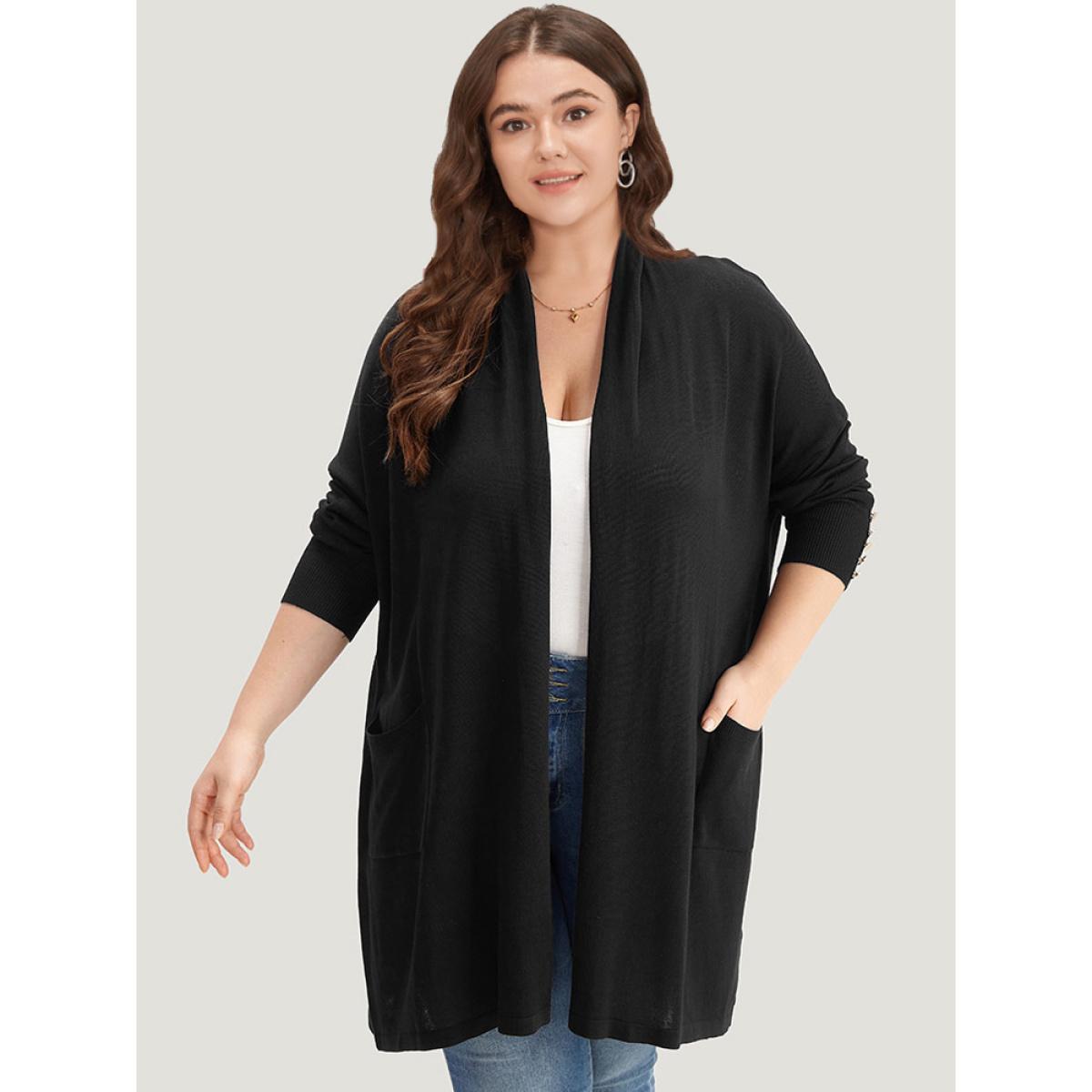 Plus Size Supersoft Essentials Button Detail Lapel Collar Cardigan Black Women Basics Loose Long Sleeve Everyday Cardigans BloomChic 30/6X Product Image