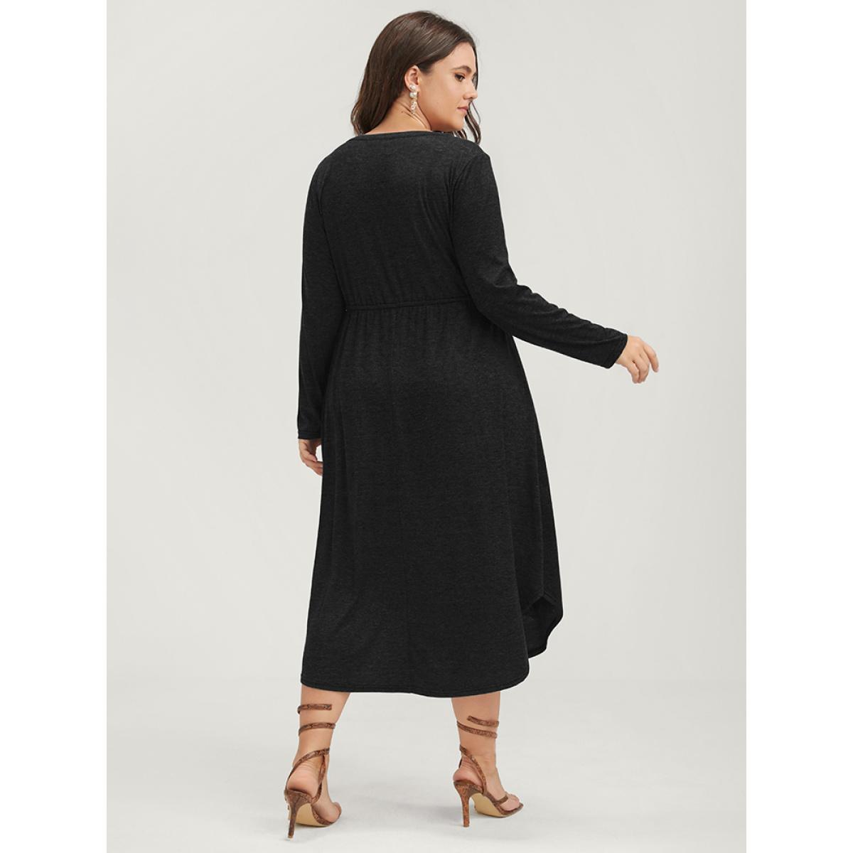 Plus Size Solid Pocket Button Asymmetrical Hem Ties Midi Dress Black Women Casual Patchwork V-neck Long Sleeve Curvy Midi Dress BloomChic 10/M Product Image