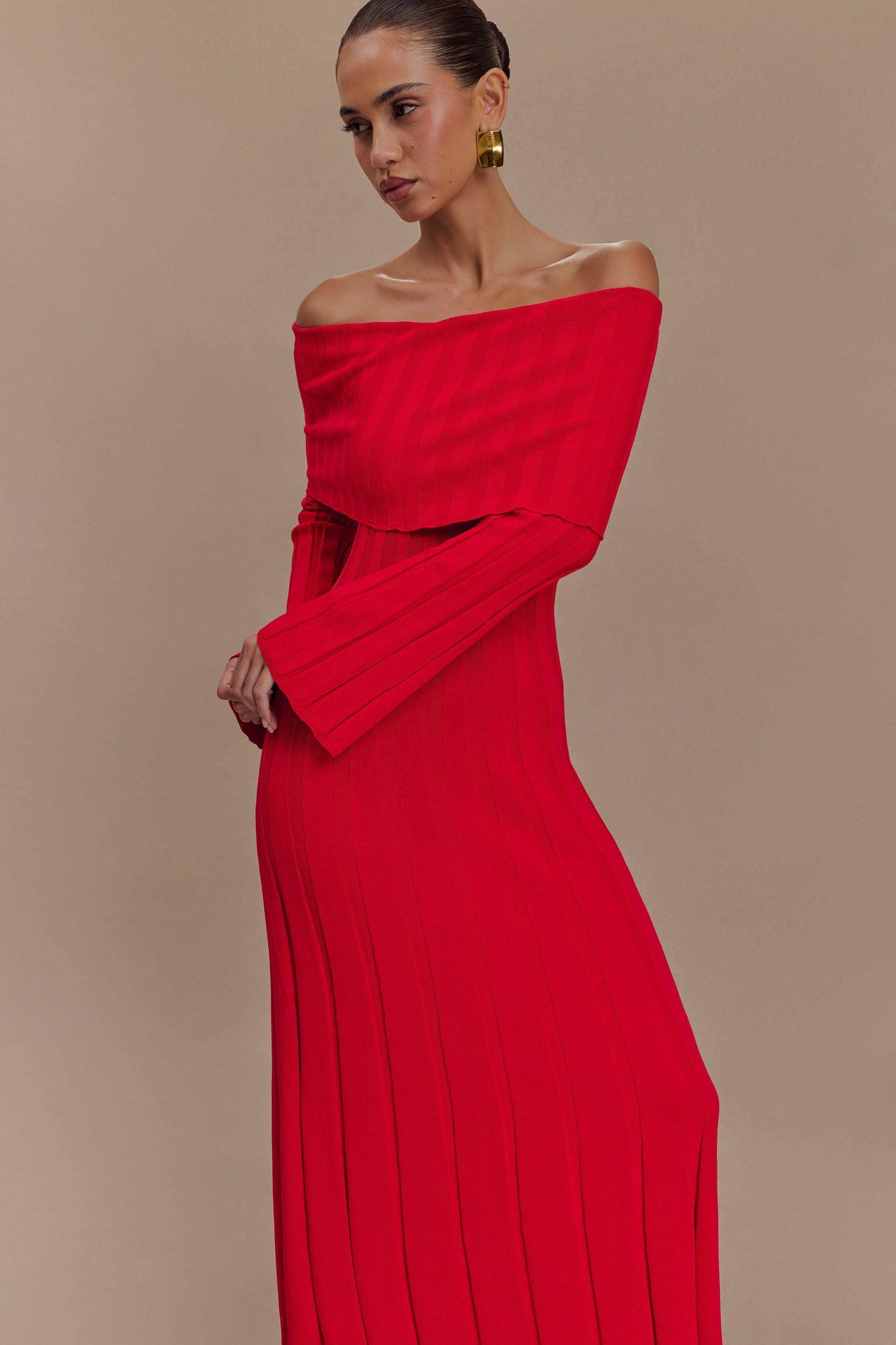 Alonza Long Sleeve Knit Midi Dress - Red Product Image