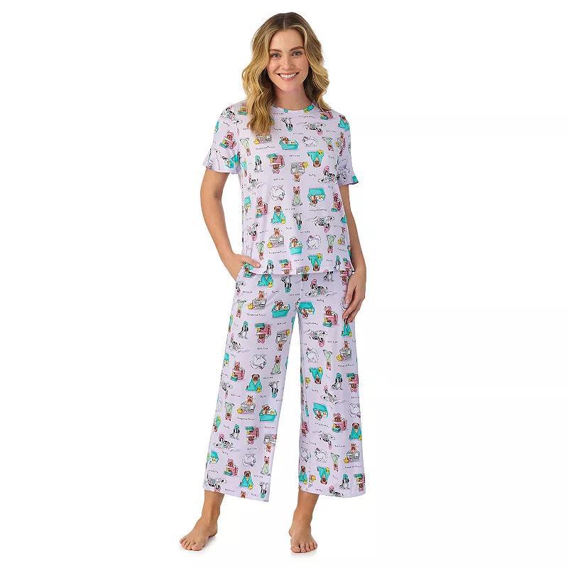 Womens Cuddl Duds Cozy Short Sleeve Pajama Top & Cropped Pajama Pants Set Purple Dogs Product Image