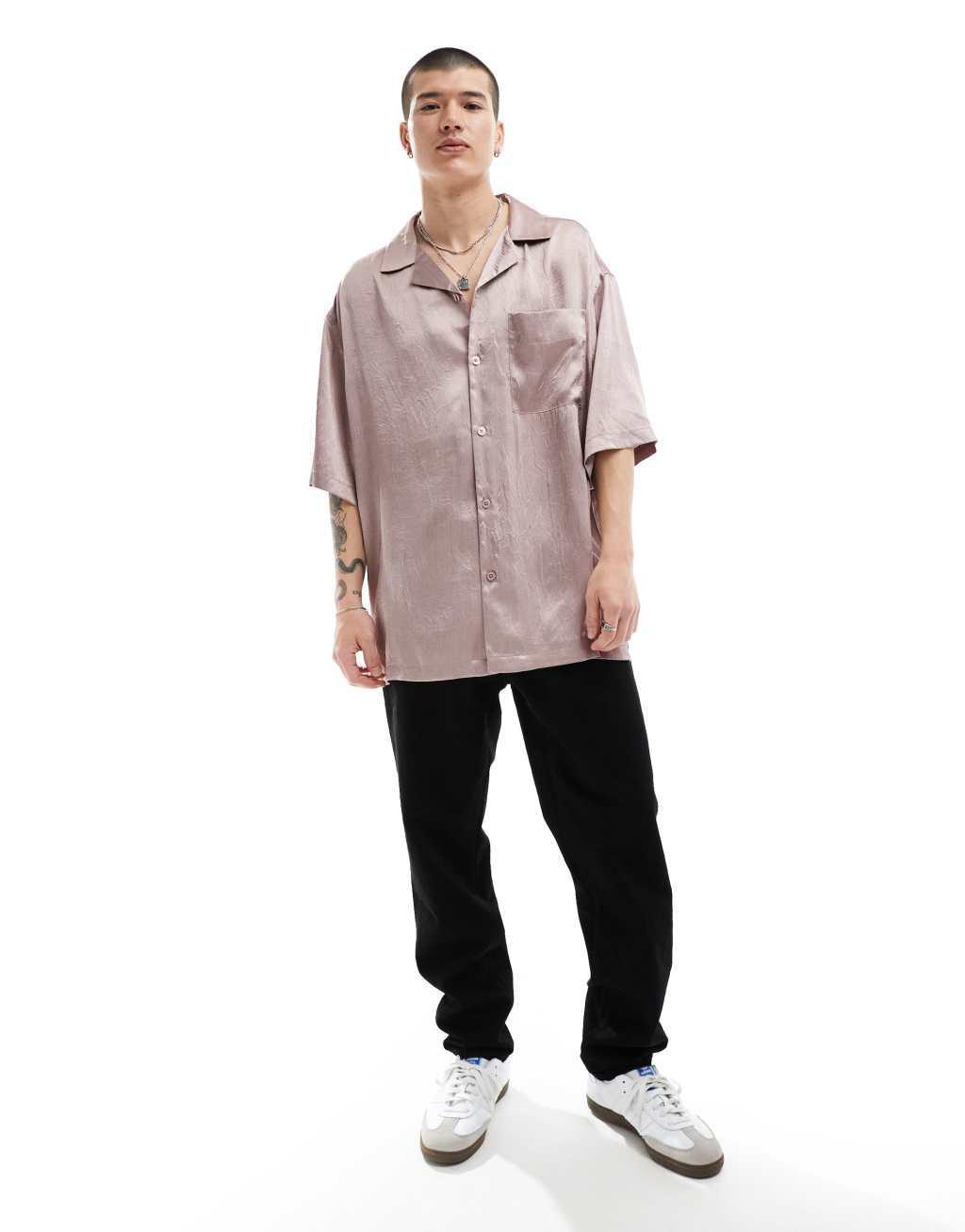 ASOS DESIGN short sleeve oversized bowling shirt with revere collar in dusty pink Product Image