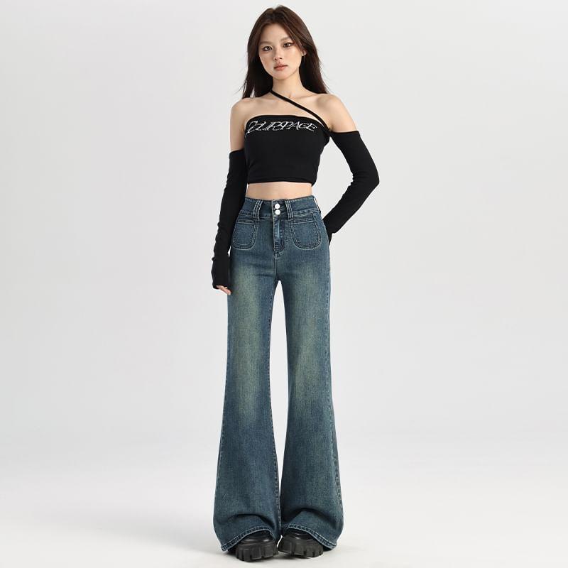 High Rise Washed Flared Jeans Product Image