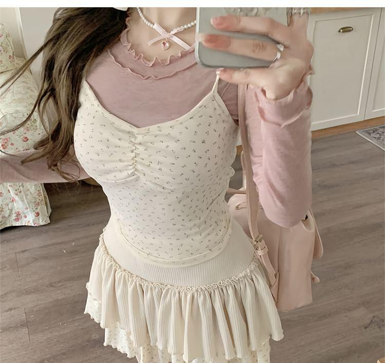 Floral Print Ruched Camisole Top / High Waist Ruffle Mini A-Line Skirt / Long Sleeve Crew Neck Plain Lettuce Edge Top Product Image