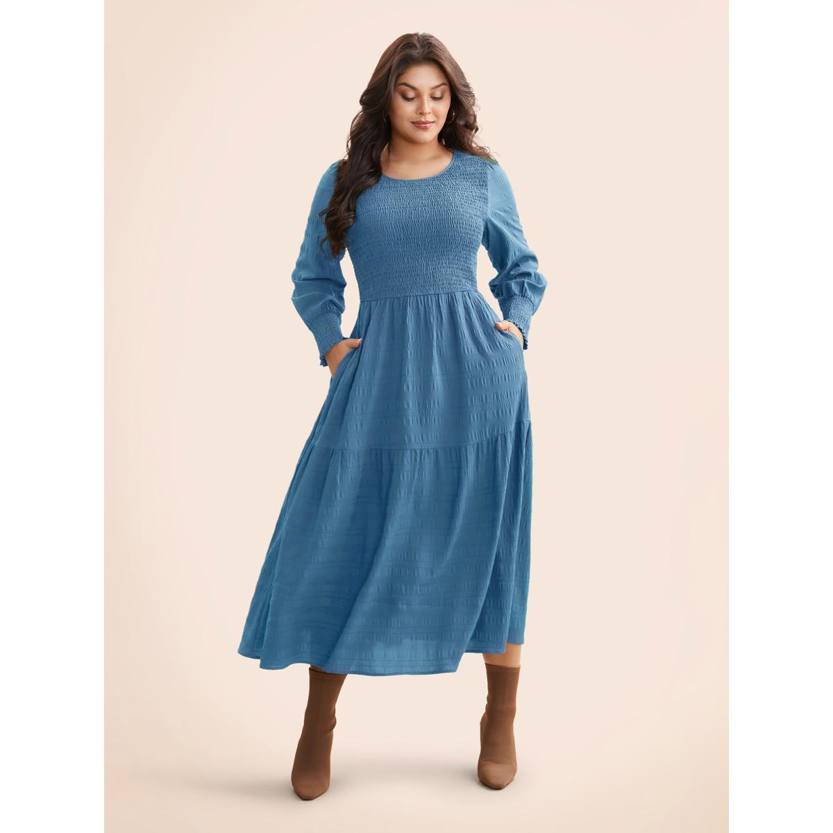 Plus Size Plain Textured Shirred Midi Dress Skyblue Women Elegant Texture Round Neck Long Sleeve Curvy BloomChic 26/4X Product Image