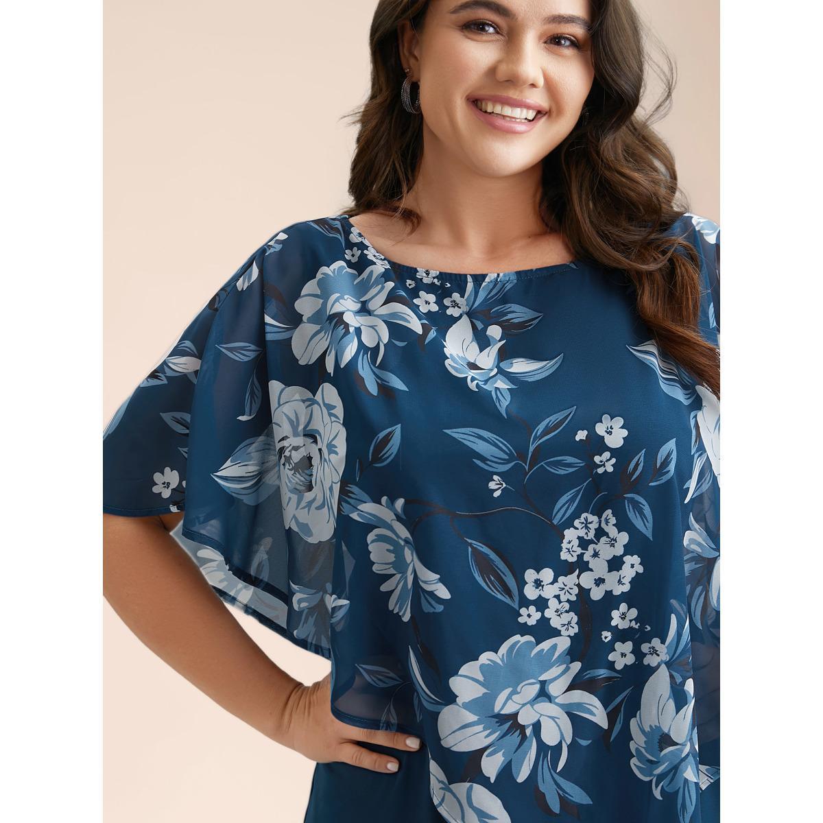 Plus Size Floral Print Cloak Tiered Midi Dress Aegean Women Elegant See through Round Neck Half Sleeve Curvy BloomChic 30/6X Product Image