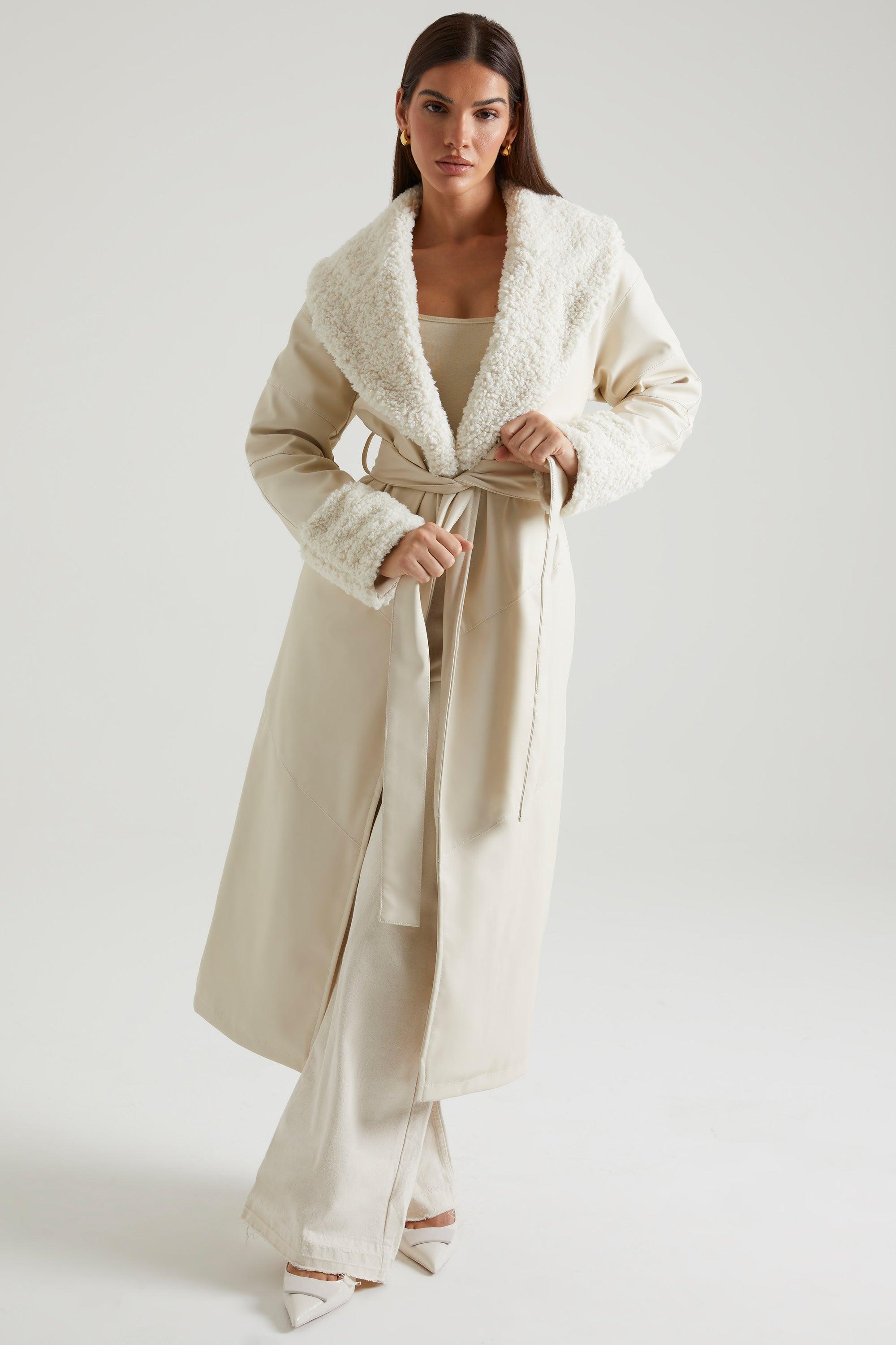 Tie Up Coat with Shearling Collar and Cuffs in Cream Product Image