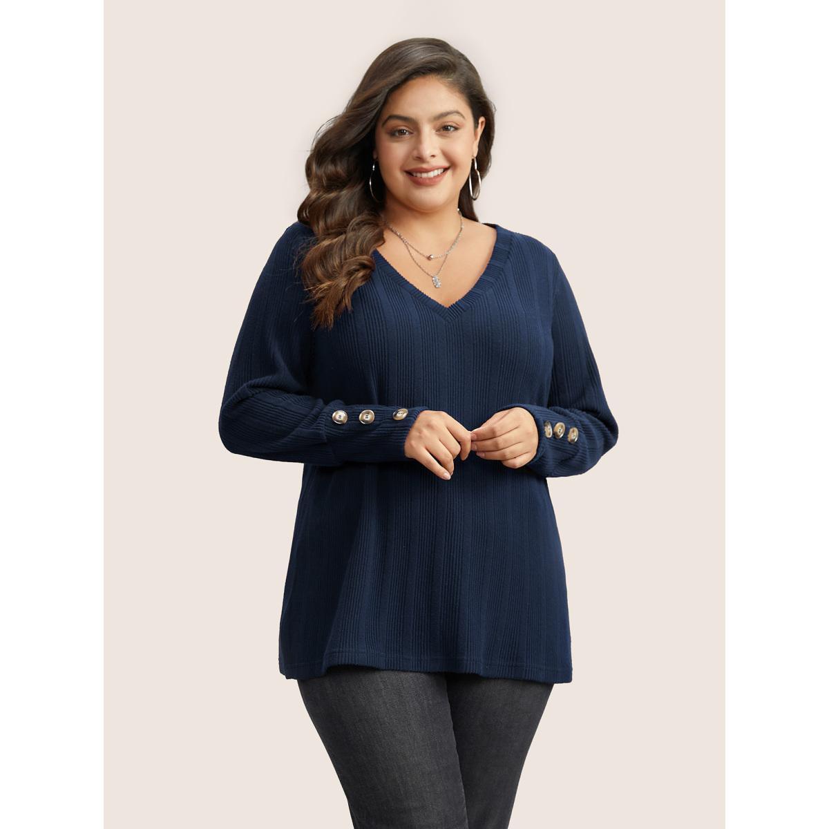Plus Size Rib Knit V Neck Button Detail T-shirt Black Women Casual Non Plain V-neck Everyday T-shirts BloomChic 28/5X Product Image