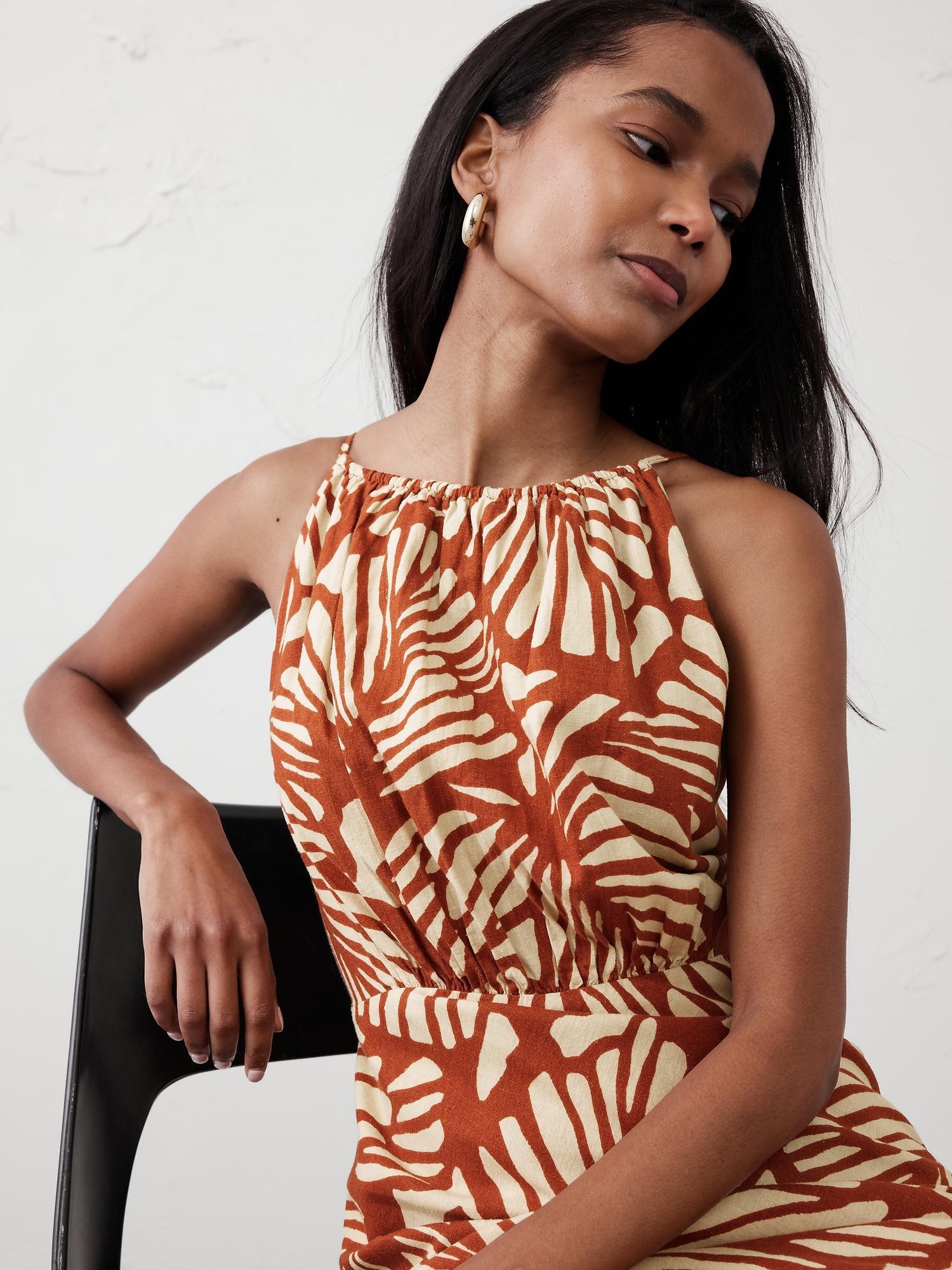 Linen-Blend High-Neck Midi Dress Product Image