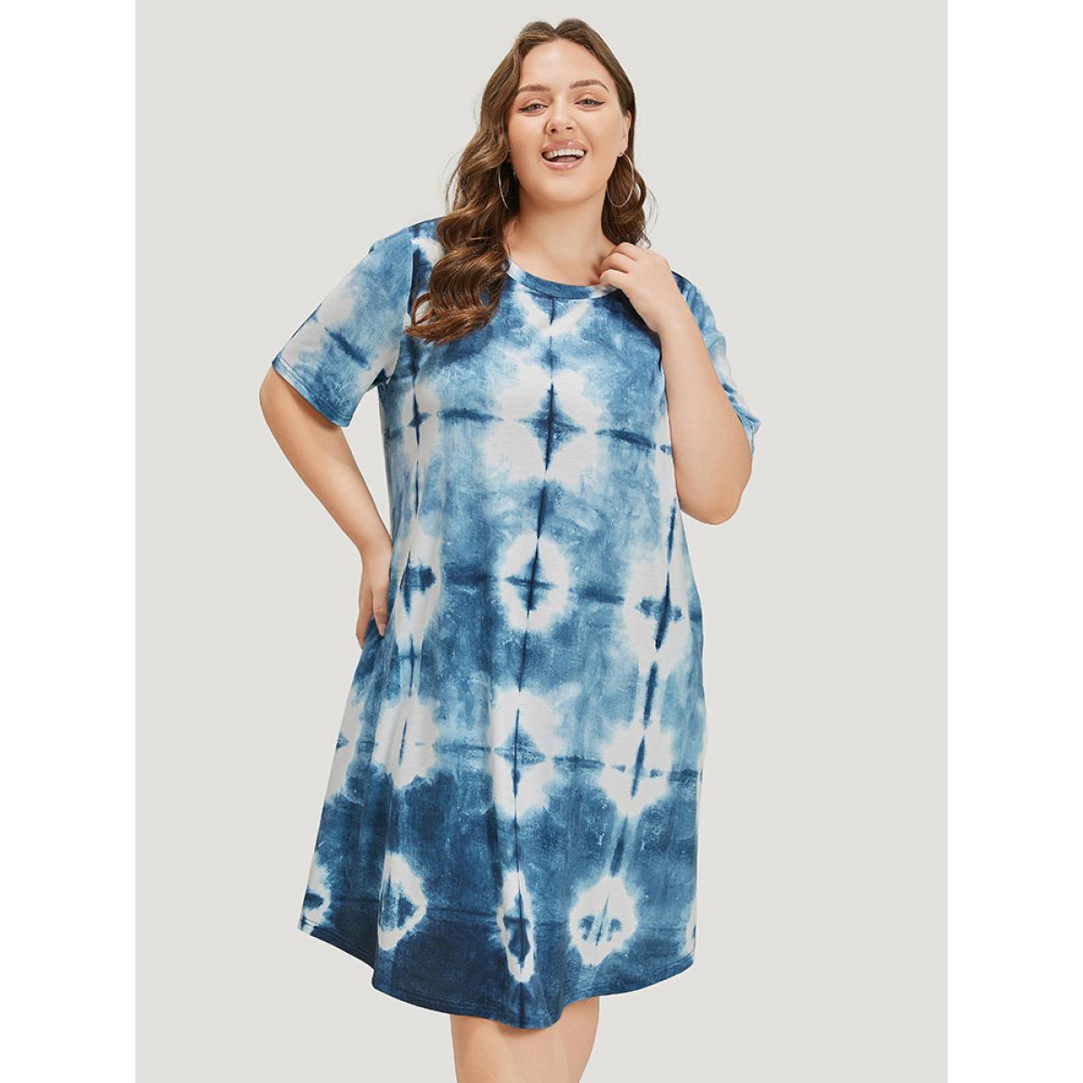 Plus Size Tie Dye Pocket Ruffle Hem Crew Neck Dress Blue Women Casual Printed Round Neck Short sleeve Curvy Midi Dress BloomChic 22-24/3X Product Image