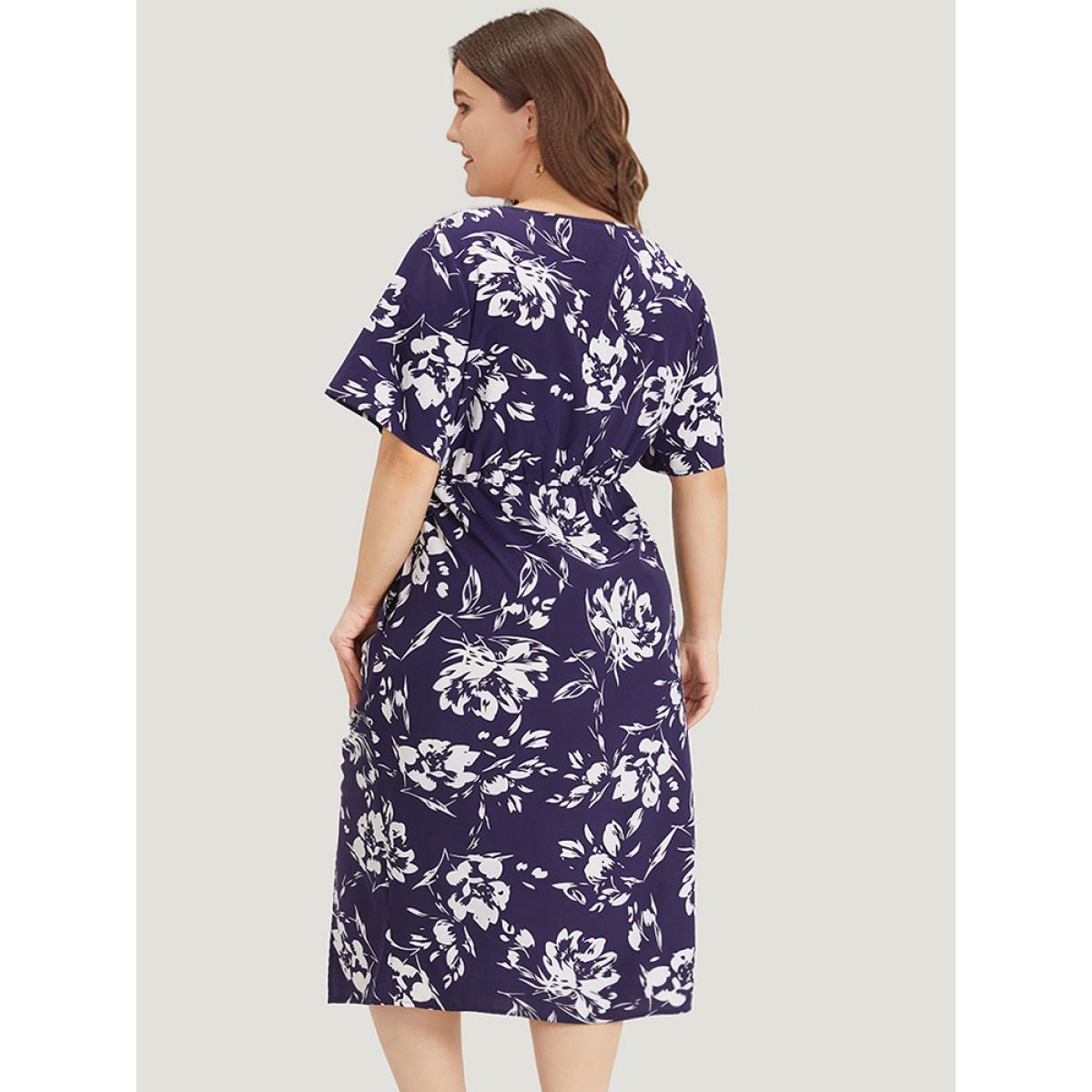 Plus Size Silhouette Floral Print Wrap Drawstring Split Hem Dress DarkBlue Women Elegant Elastic Waist V-neck Short sleeve Curvy Midi Dress BloomChic 10/M Product Image