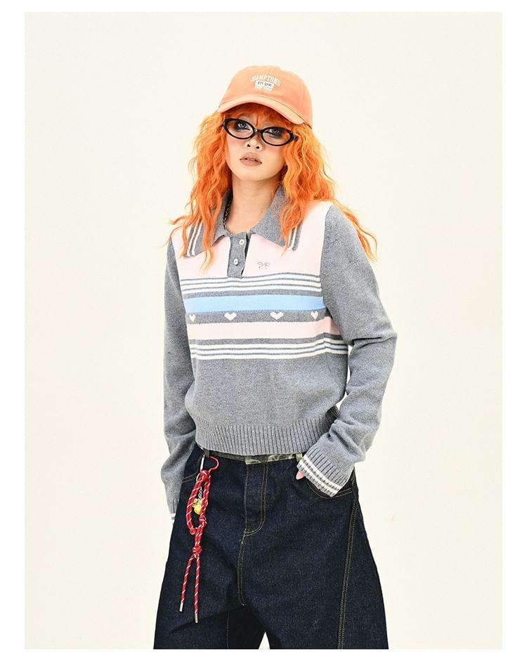 Polo Collared Heart Striped Crop Sweater Product Image