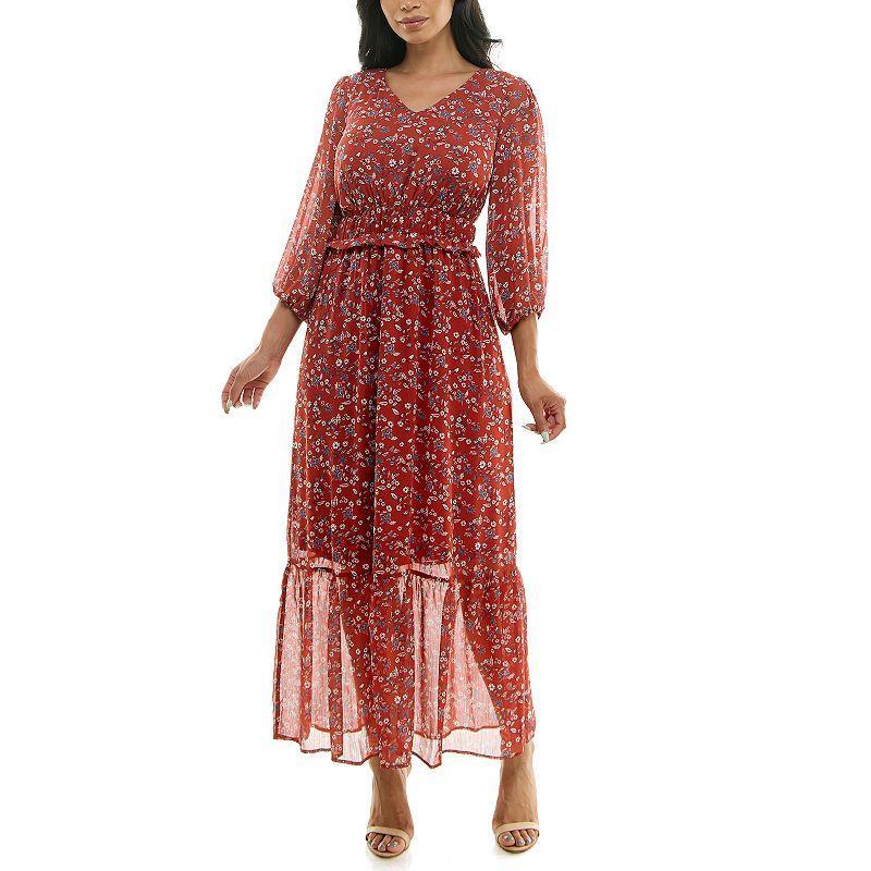 Womens Nina Leonard Chiffon Printed Maxi Dress Red Black Product Image