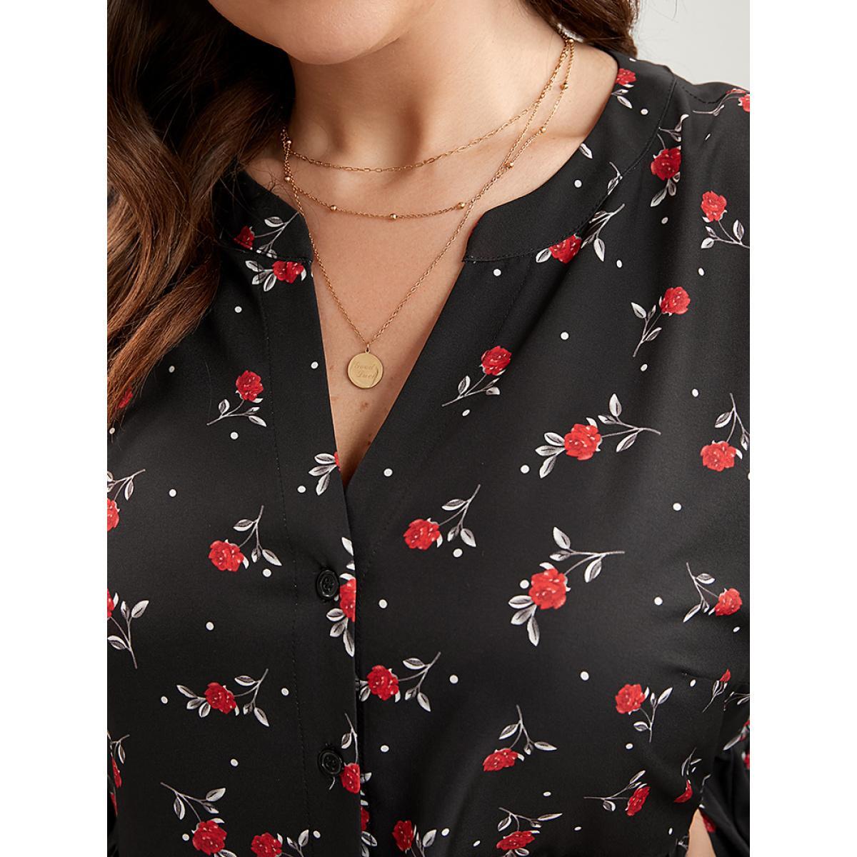 Plus Size Midnight Floral Print Button Up High Low Hem Blouse Women Elegant Long Sleeve V-neck Dailywear Blouses BloomChic 30/6X Product Image