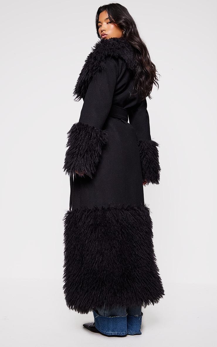 Black Faux Fur Trim Contrast Wool Look Coat Product Image