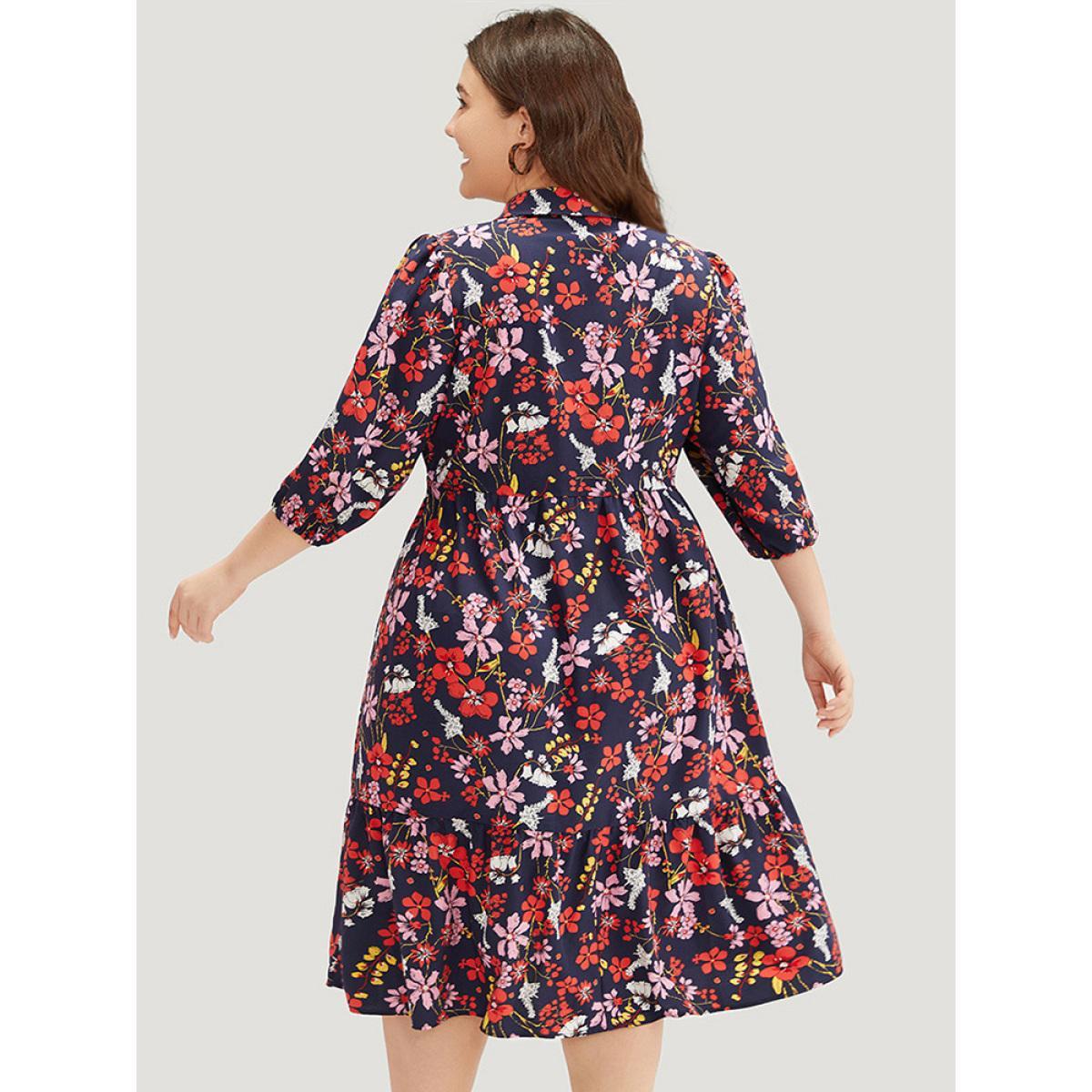 Plus Size Floral Print Shirt Collar Ruffled Hem Dress DarkBlue Women Elegant Elastic cuffs Shirt collar Elbow-length sleeve Curvy Midi Dress BloomChic 14-16/1X Product Image