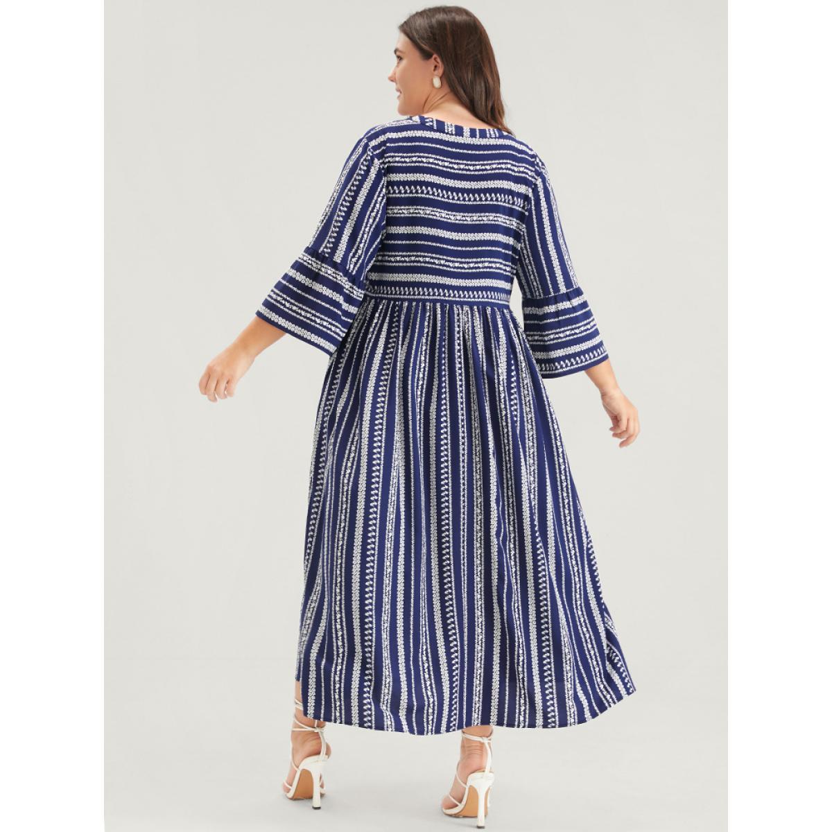 Plus Size Striped Ruffles Button Pocket Bell Sleeve Maxi Dress DarkBlue Women Casual Printed V-neck Elbow-length sleeve Curvy Midi Dress BloomChic 22-24/3X Product Image