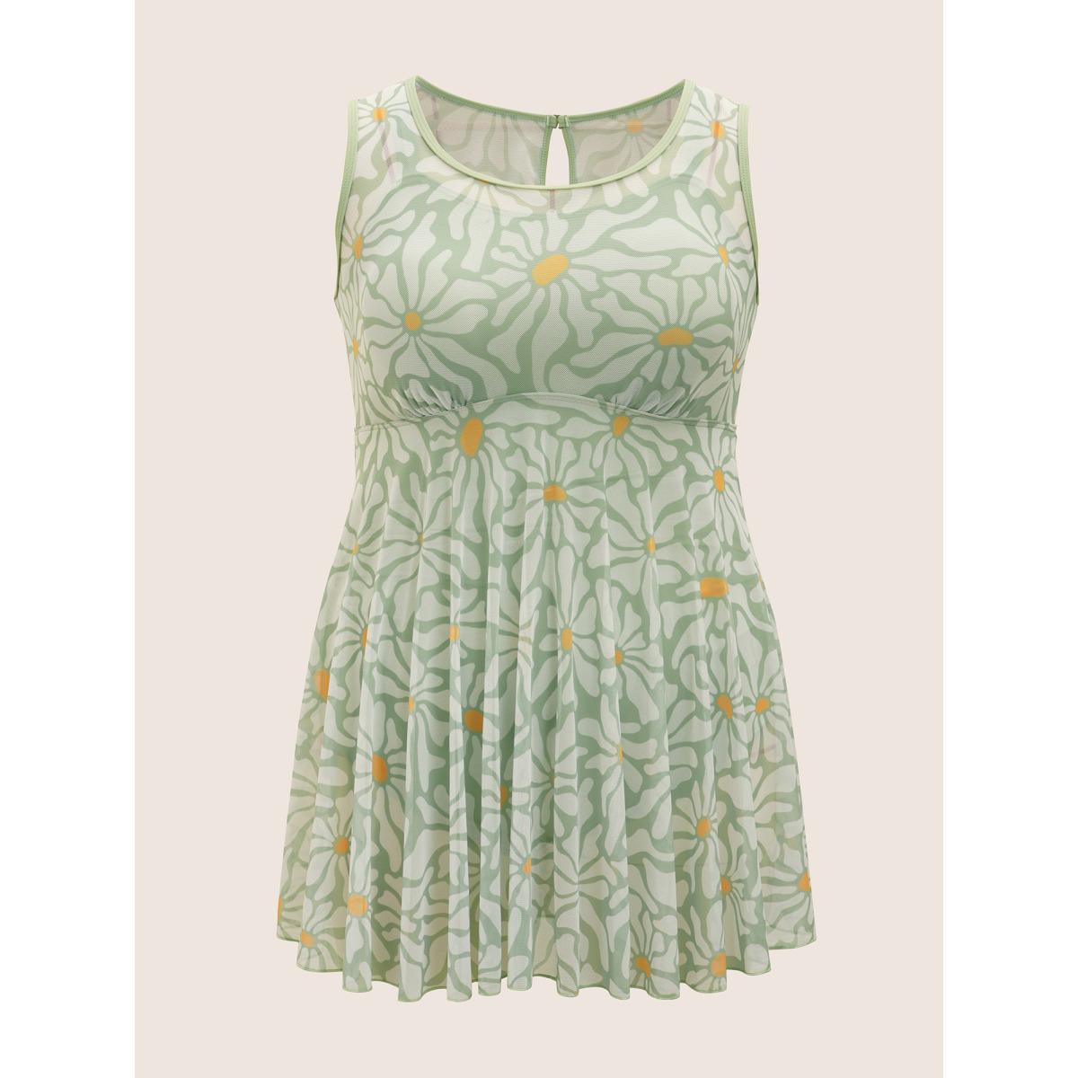 Plus Size Sun Print U Neck See Through Gathered Swim Dress Women's Swimwear Palemauve Beach Bodycon U-neck High stretch Curve Swim Dresses BloomChic 18-20/2X Product Image