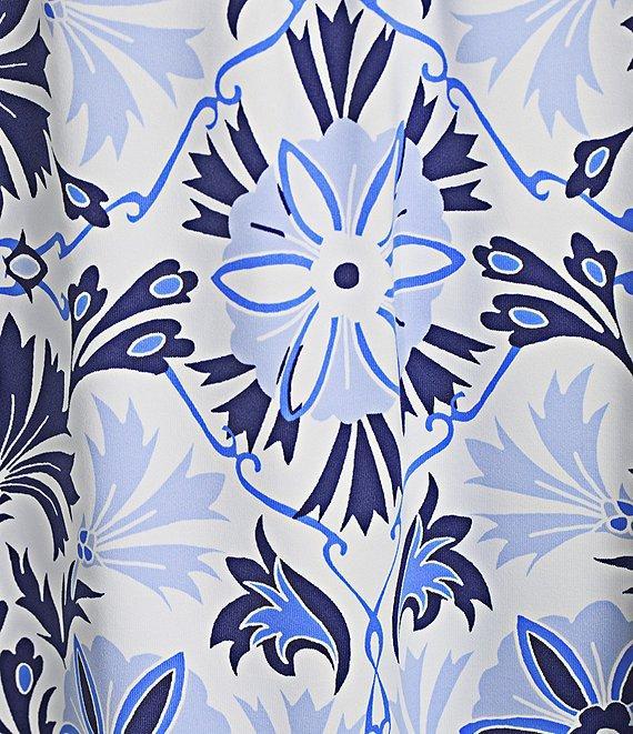 Jude Connally Kerry French Tile White Print Split V-Neck 3/4 Bell Sleeve Knit Shift Dress Product Image