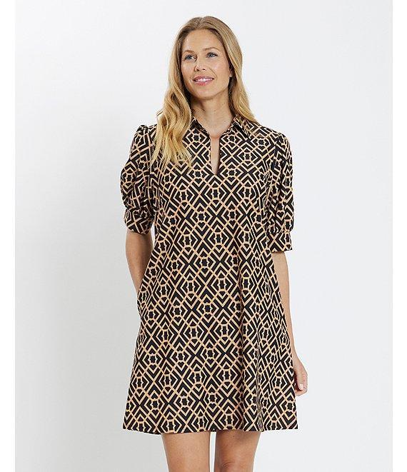 Jude Connally Emerson Jude Cloth Knit Garden Lattice Navy Print Point Collar Puffed Sleeve Shift Dress Product Image
