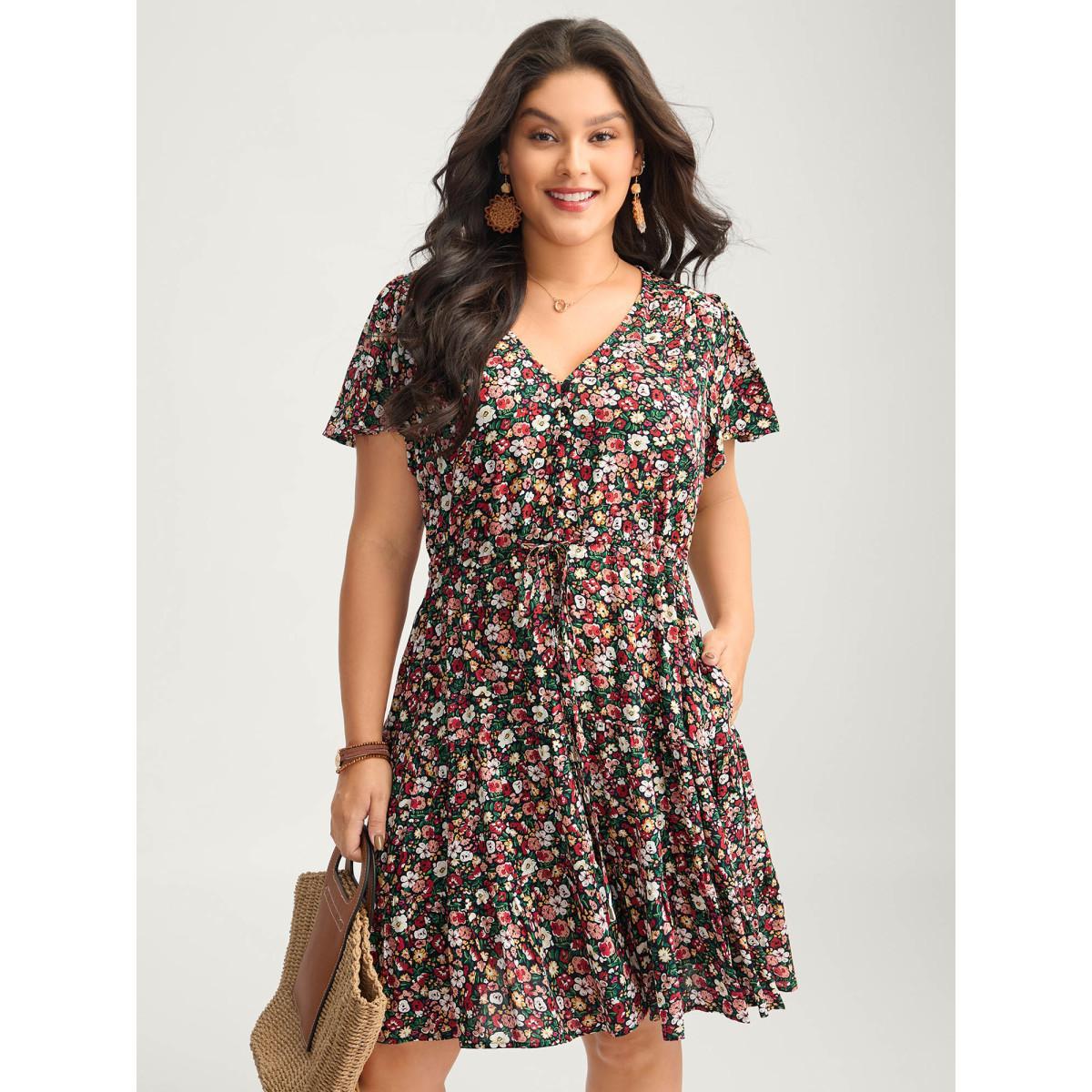 Plus Size Floral Print Waist-Tie Midi Dress Black Women Playful V-neck Cap Sleeve Curvy BloomChic 30/6X Product Image
