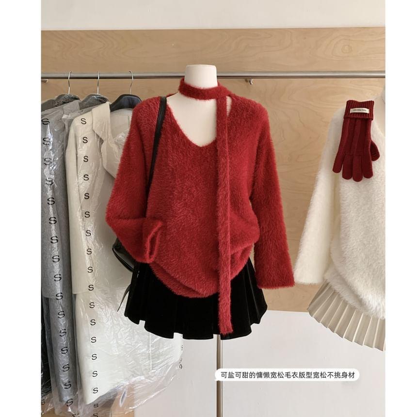 Set: Long-Sleeve V-Neck Plain Knit Top + Scarf Product Image