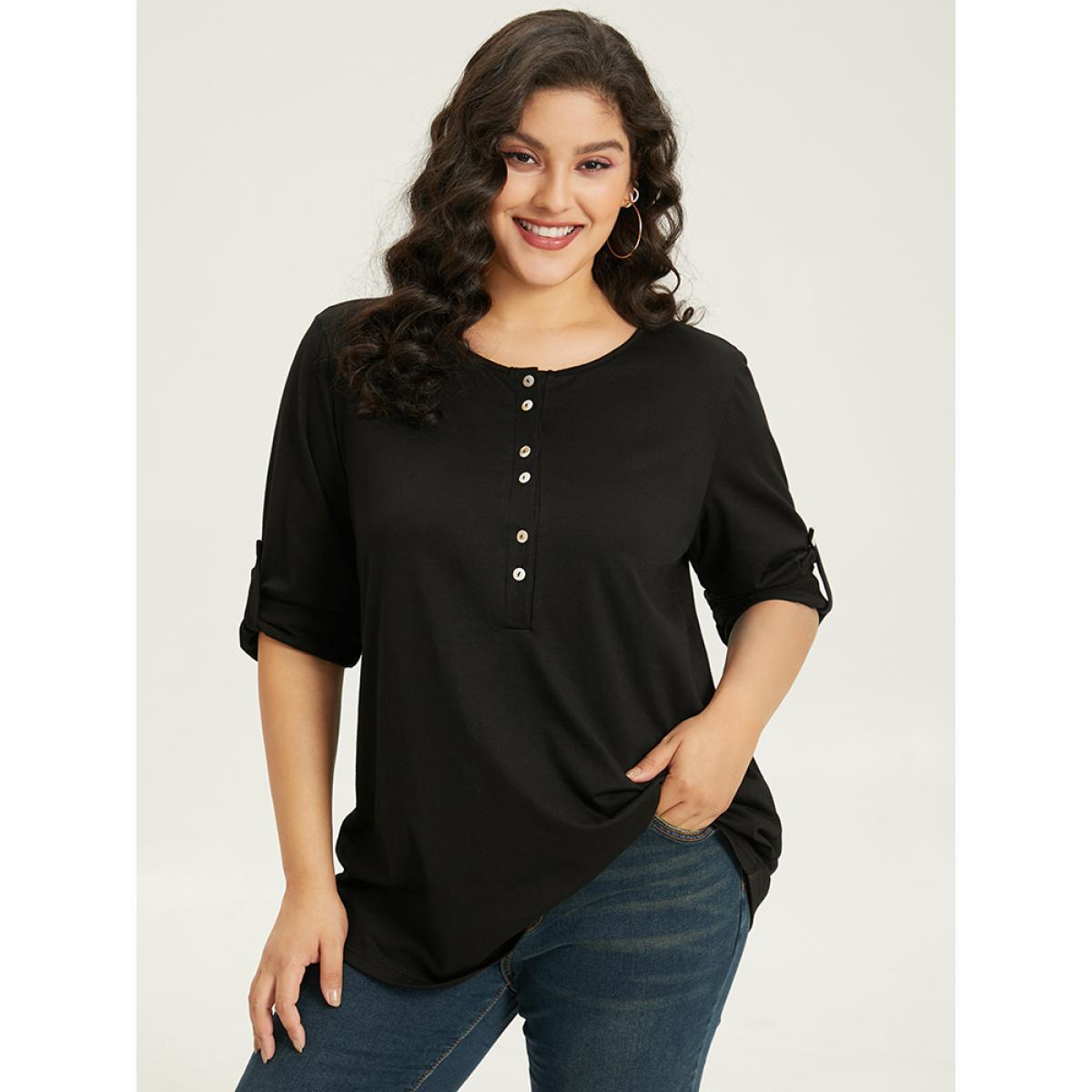 Plus Size Plain Button Up Tab Sleeve T-shirt Black Women Casual Plain Plain Round Neck Dailywear T-shirts BloomChic 12/L Product Image