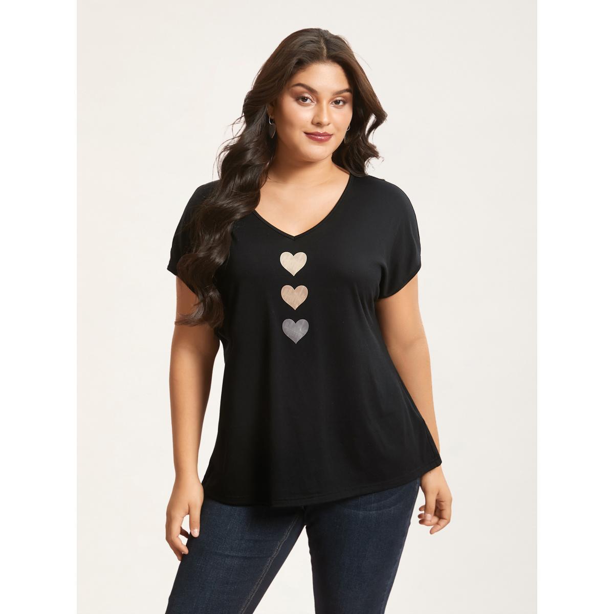 Plus Size Heart Print Stretchy Dolman Sleeve T-Shirt Black Women Leisure Non V-neck Casual T-shirts BloomChic 14-16/1X Product Image