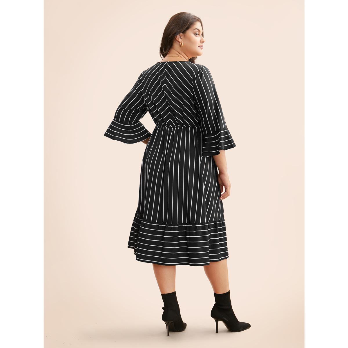 Plus Size Striped Flutter Sleeve Midi Dress Black Women At the Office Ruffles Round Neck Elbow-length sleeve Curvy BloomChic 14-16/1X Product Image