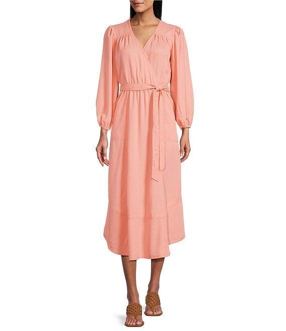 Nurture by Westbound Faux Wrap V-Neckline 3/4 Sleeve Belted Midi Dress Product Image