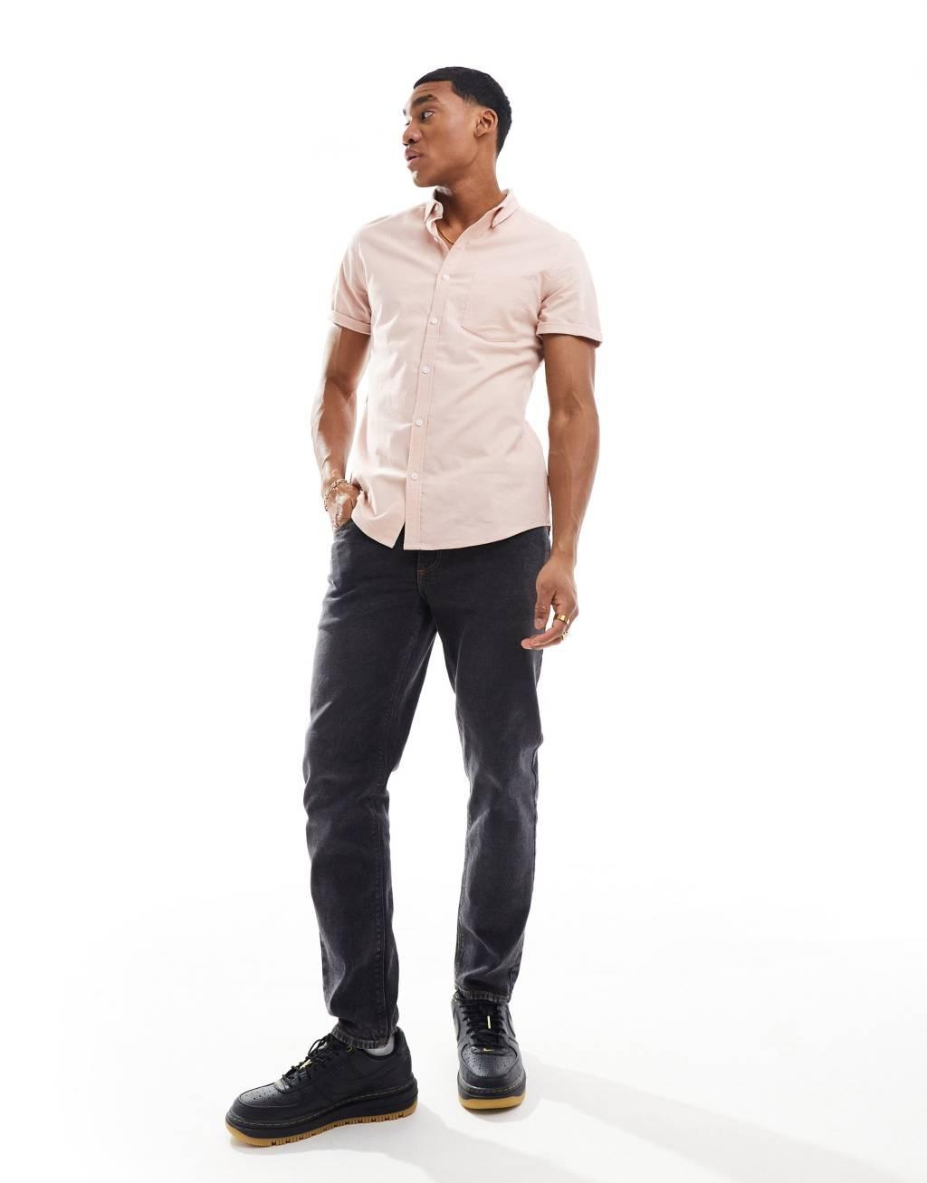 ASOS DESIGN short sleeve slim fit oxford shirt in light pink Product Image