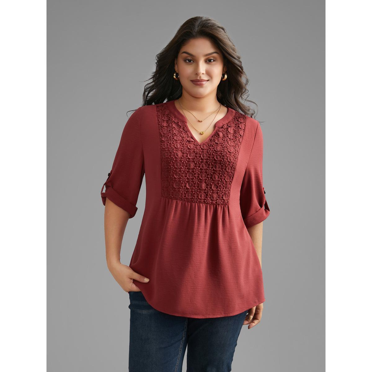 Plus Size Russet Notched Lace Panel Tab Sleeve Blouse Women Elegant Elbow-length sleeve Flat collar with V-notch Everyday Blouses BloomChic 28/5X Product Image