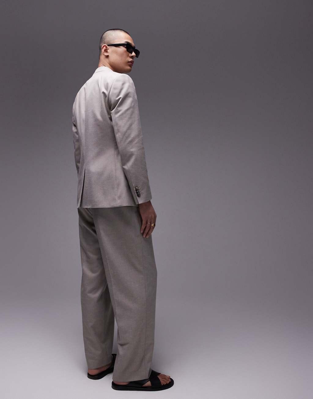 Topman wide leg linen blend suit pants in stone Product Image