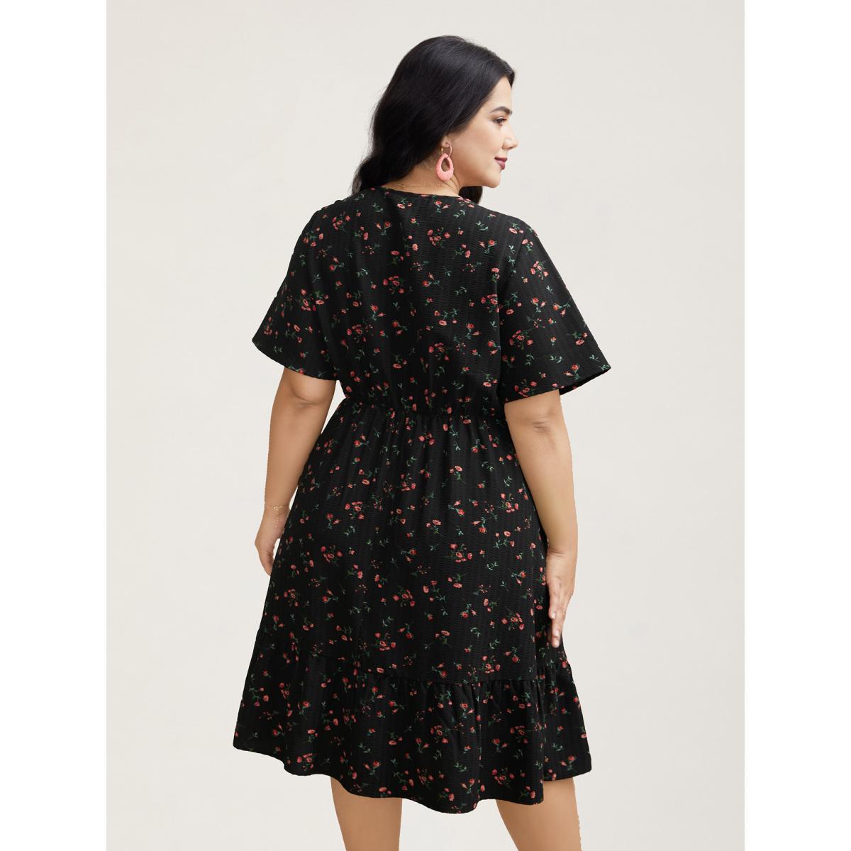 Plus Size Floral Flared Sleeve Tiered Midi Dress Black Women Elegant Texture Notched collar Short sleeve Curvy BloomChic 12/L Product Image