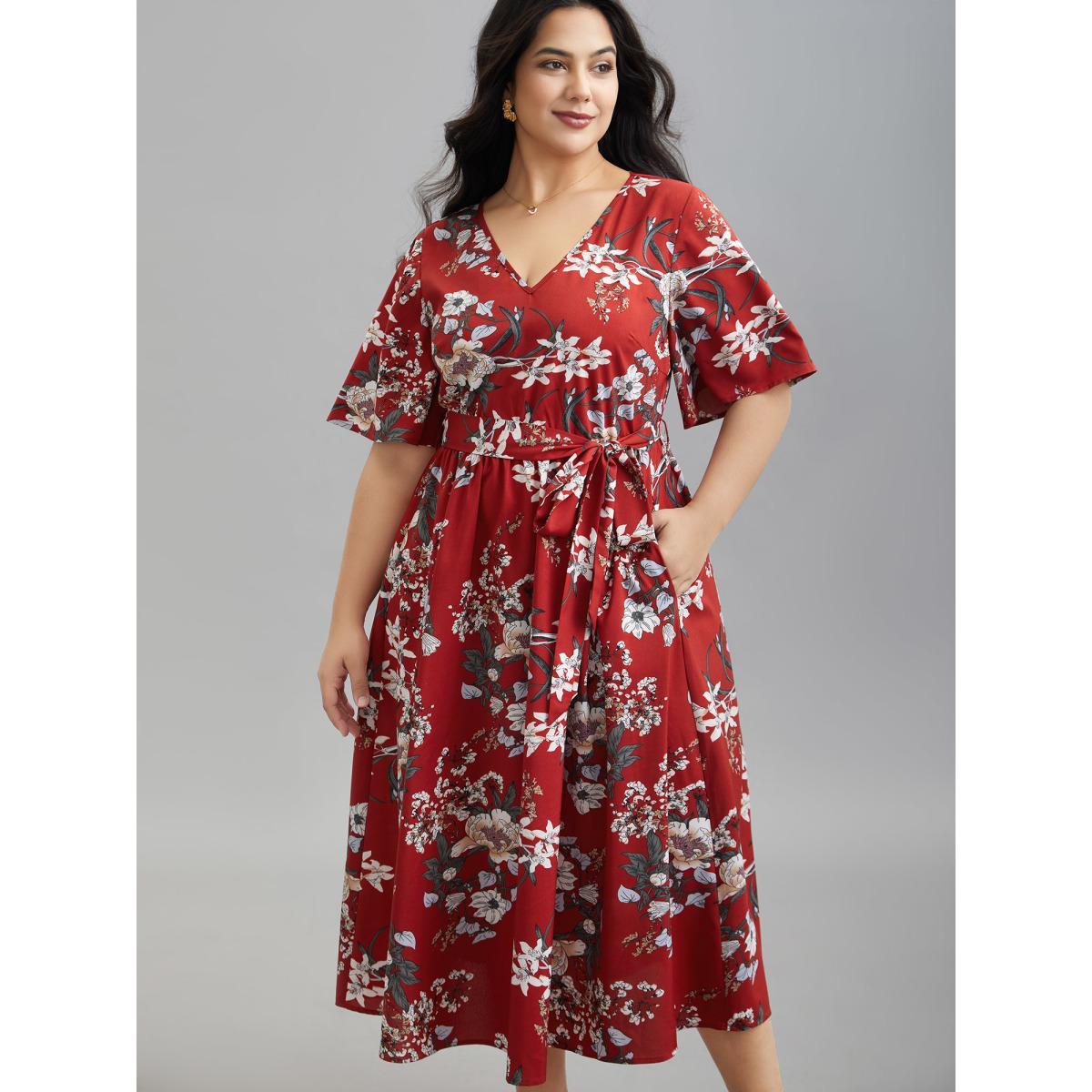 Plus Size Floral Print Waist-Tie V-Neck Midi Dress Scarlet Women Elegant Belted V-neck Half Sleeve Curvy BloomChic 26/4X Product Image