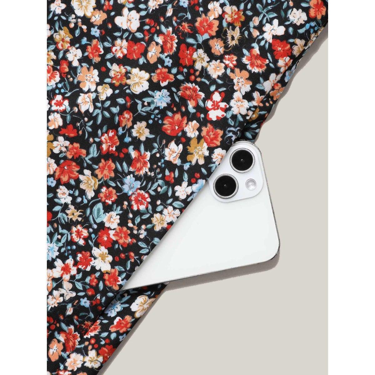 Plus Size Floral Print Drawstring Pockets Flared Midi Dress Black Women Timeless Drawstring Notched collar Elbow-length sleeve Curvy BloomChic 26/4X Product Image