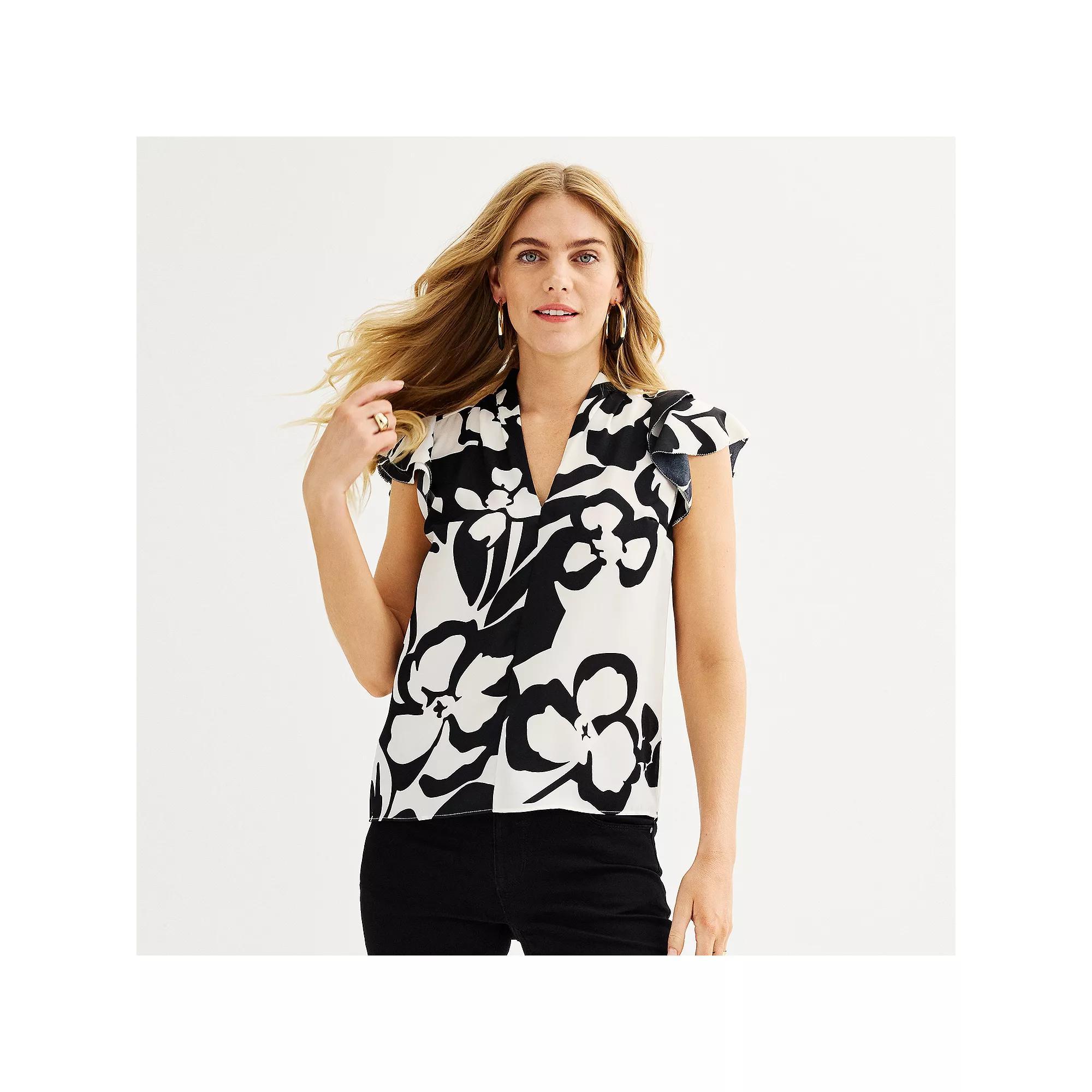 Women's Nine West Flutter Sleeve Satin Blouse, Size: XS, Black Outline Abstract Product Image