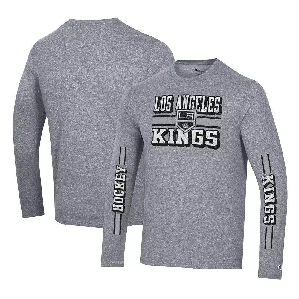 Men's Champion Heather Gray Los Angeles Kings Tri-Blend Dual-Stripe Long Sleeve T-Shirt, Size: Small, Kgs Grey Product Image
