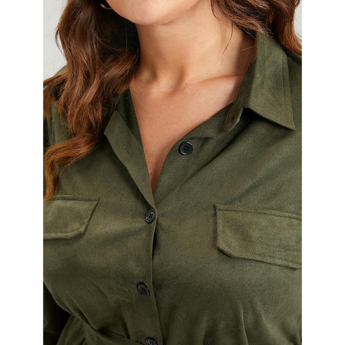 Plus Size Solid Cuffed Sleeve Pocket Button Down Belted Coat Women ArmyGreen Casual Belted Ladies Dailywear Winter Coats BloomChic 14-16/1X Product Image