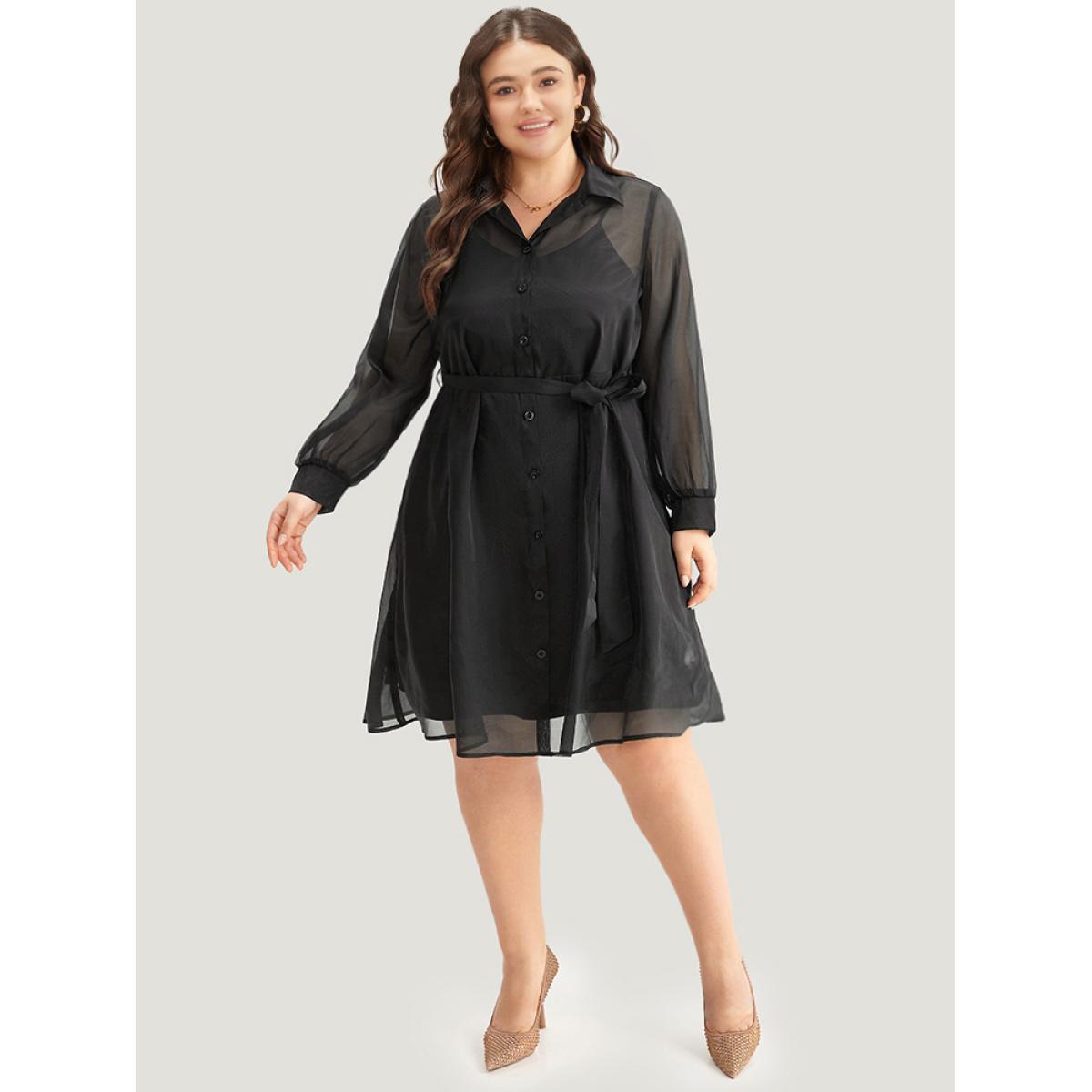 Plus Size Shirt Collar Button Up Belted Mesh Dress Black Women Elegant Lined Shirt collar Long Sleeve Curvy Midi Dress BloomChic 30/6X Product Image