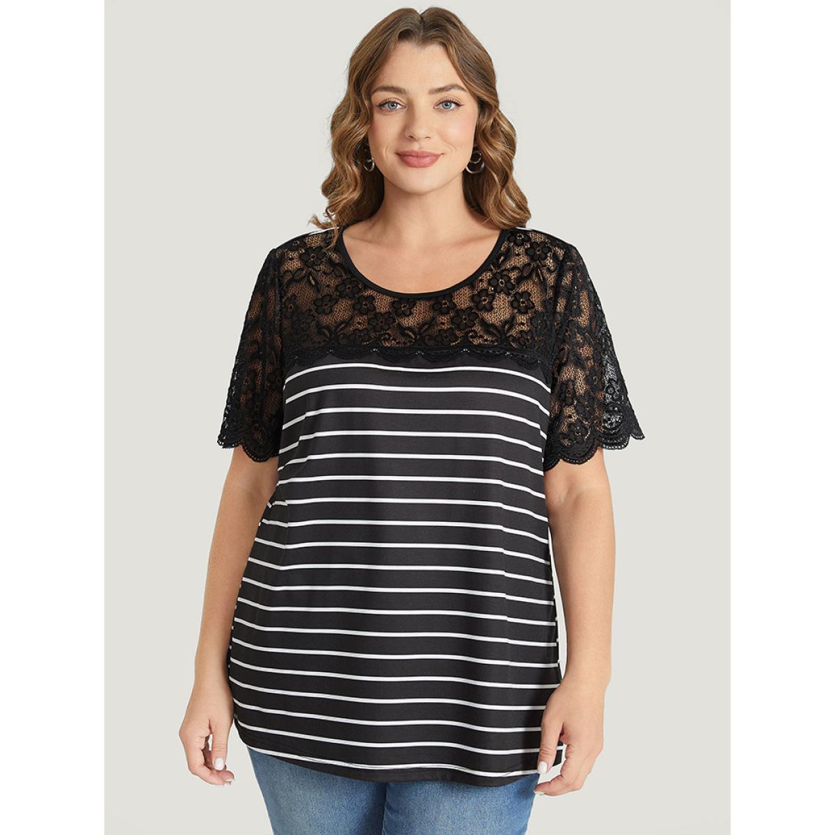 Plus Size Striped Patchwork Lace Scalloped Trim T-shirt Black Women Elegant Contrast Striped Round Neck Dailywear T-shirts BloomChic 26/4X Product Image