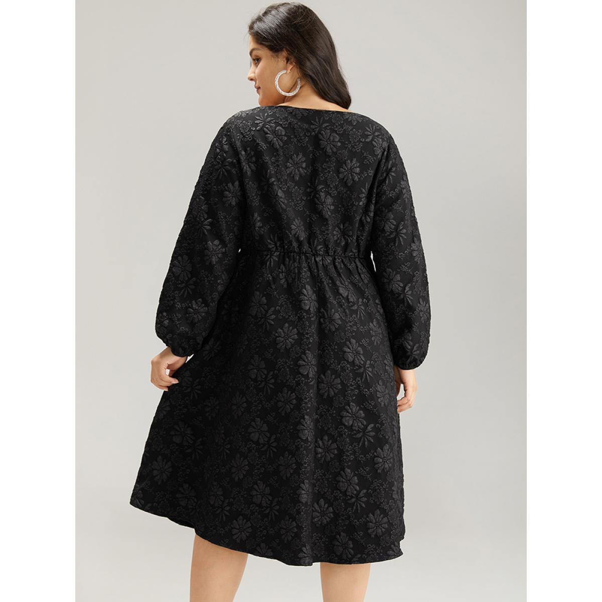 Plus Size Floral Print Plisse Pocket Lantern Sleeve Dress Black Women Cocktail Elastic cuffs Square Neck Long Sleeve Curvy Midi Dress BloomChic 10/M Product Image