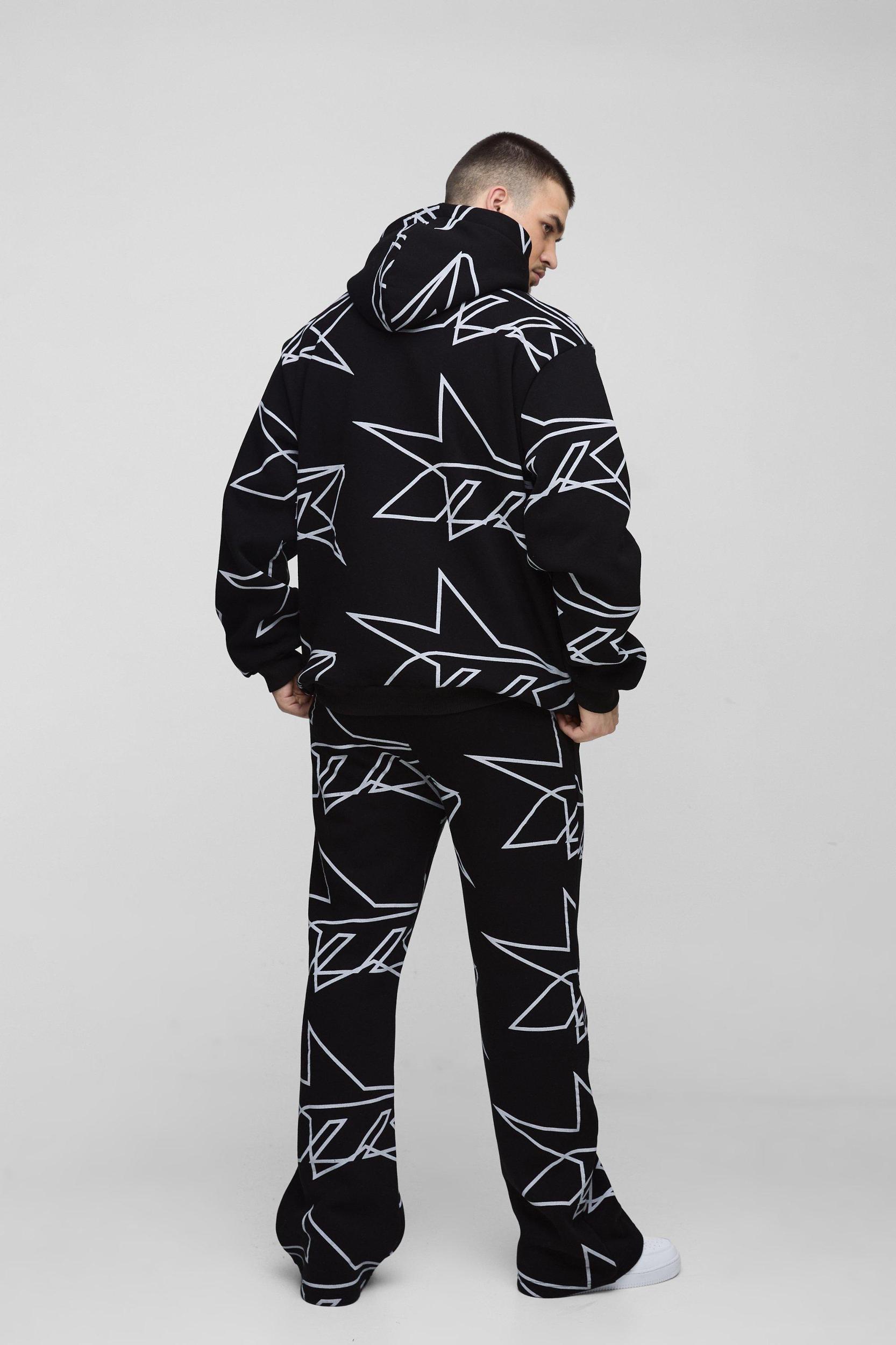 Tall Oversized Star All Over Printed Gusset Flare Hooded Tracksuit | boohooMAN USA Product Image