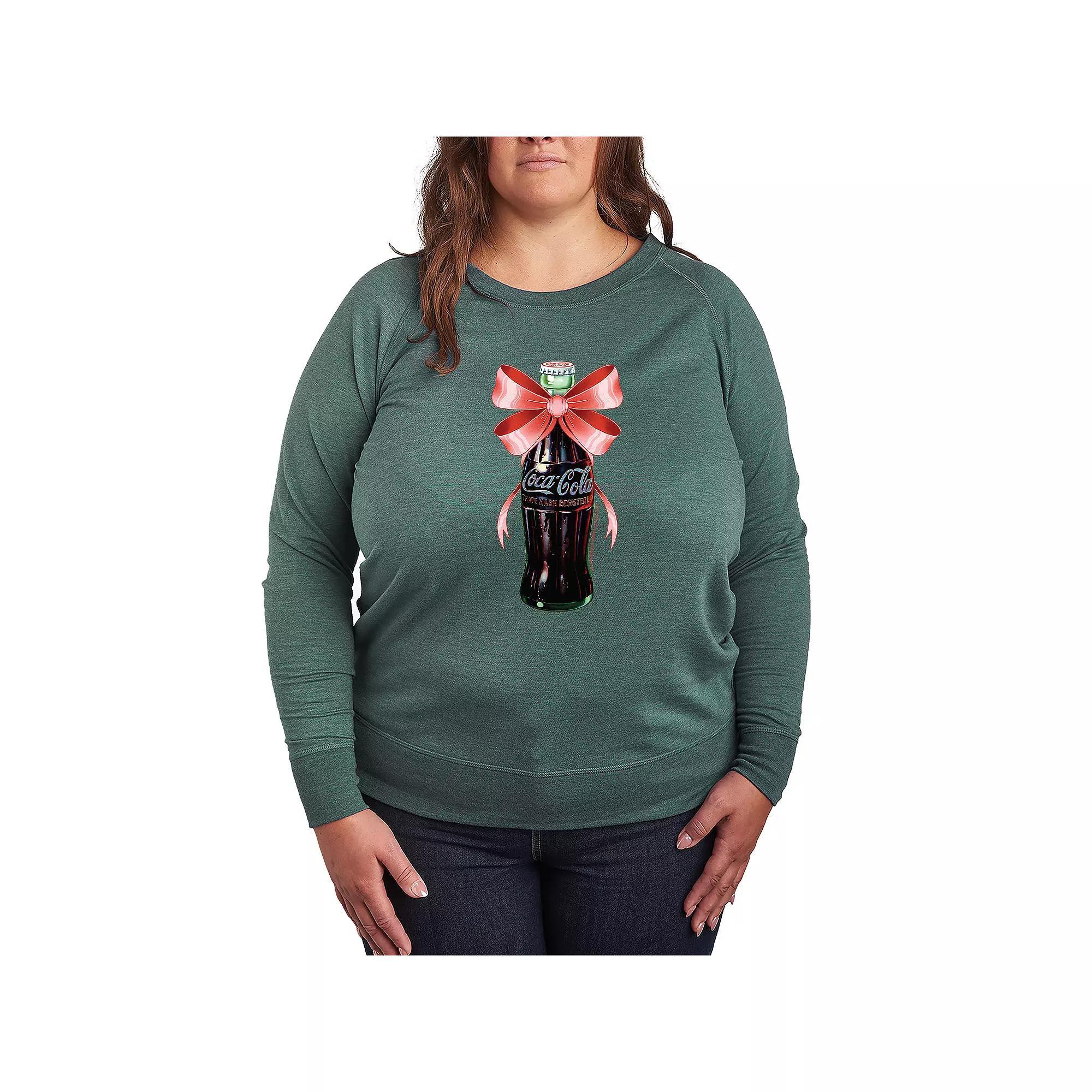 Plus Size Coca-Cola Bottle Bow French Terry Long Sleeve Tee, Women's, Size: 1XL, Grey Green Product Image