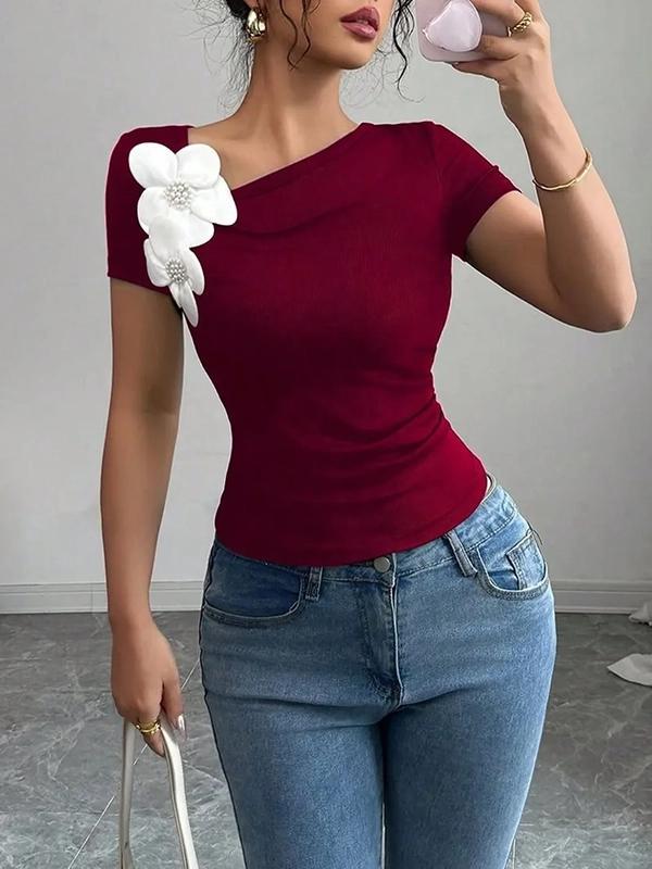Short Sleeves Skinny Pleated Solid Color Three-Dimensional Flower Asymmetric Collar T-Shirts Tops Product Image