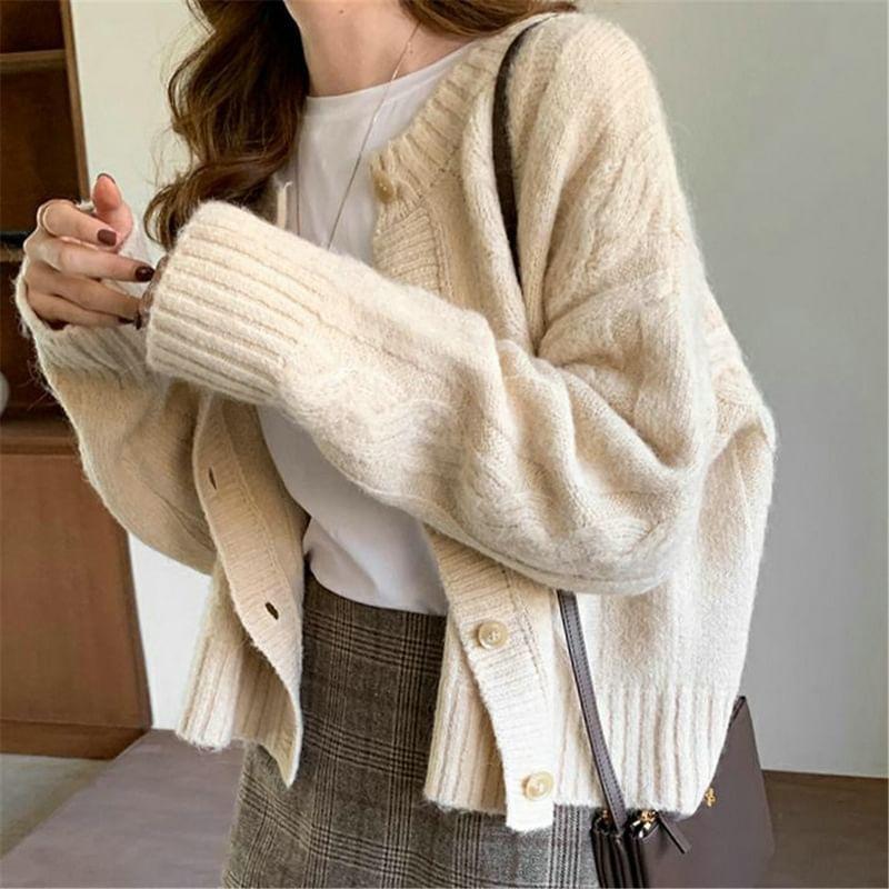 Round Neck Plain Cable-Knit Cardigan Product Image