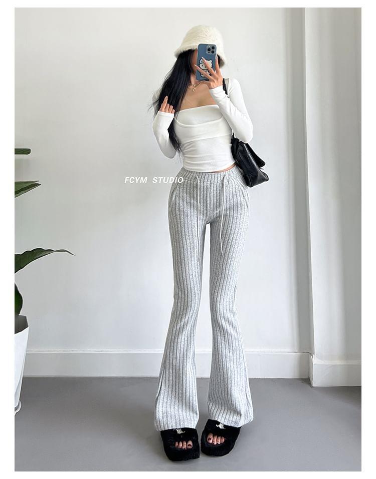 Drawstring Waist Plain Ribbed Flared Pants Product Image