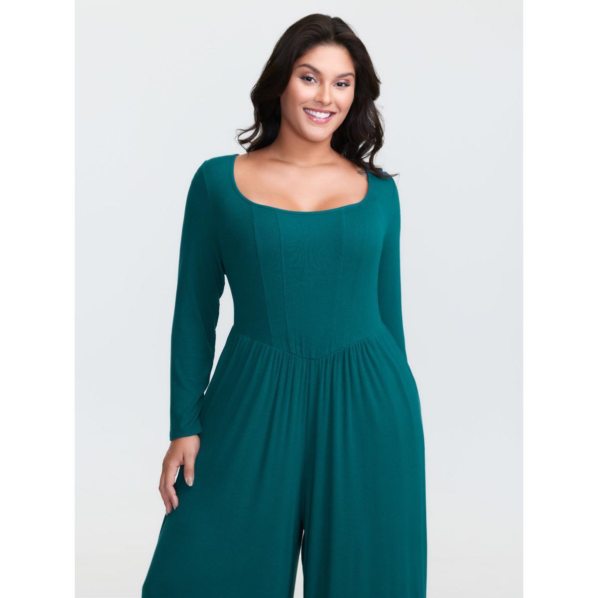 Plus Size Aegean Supersoft Square Neck Smocked Waist Jumpsuit Women Leisure Extra Long Sleeve U-neck Casual Loose Jumpsuits BloomChic 14-16/1X Product Image