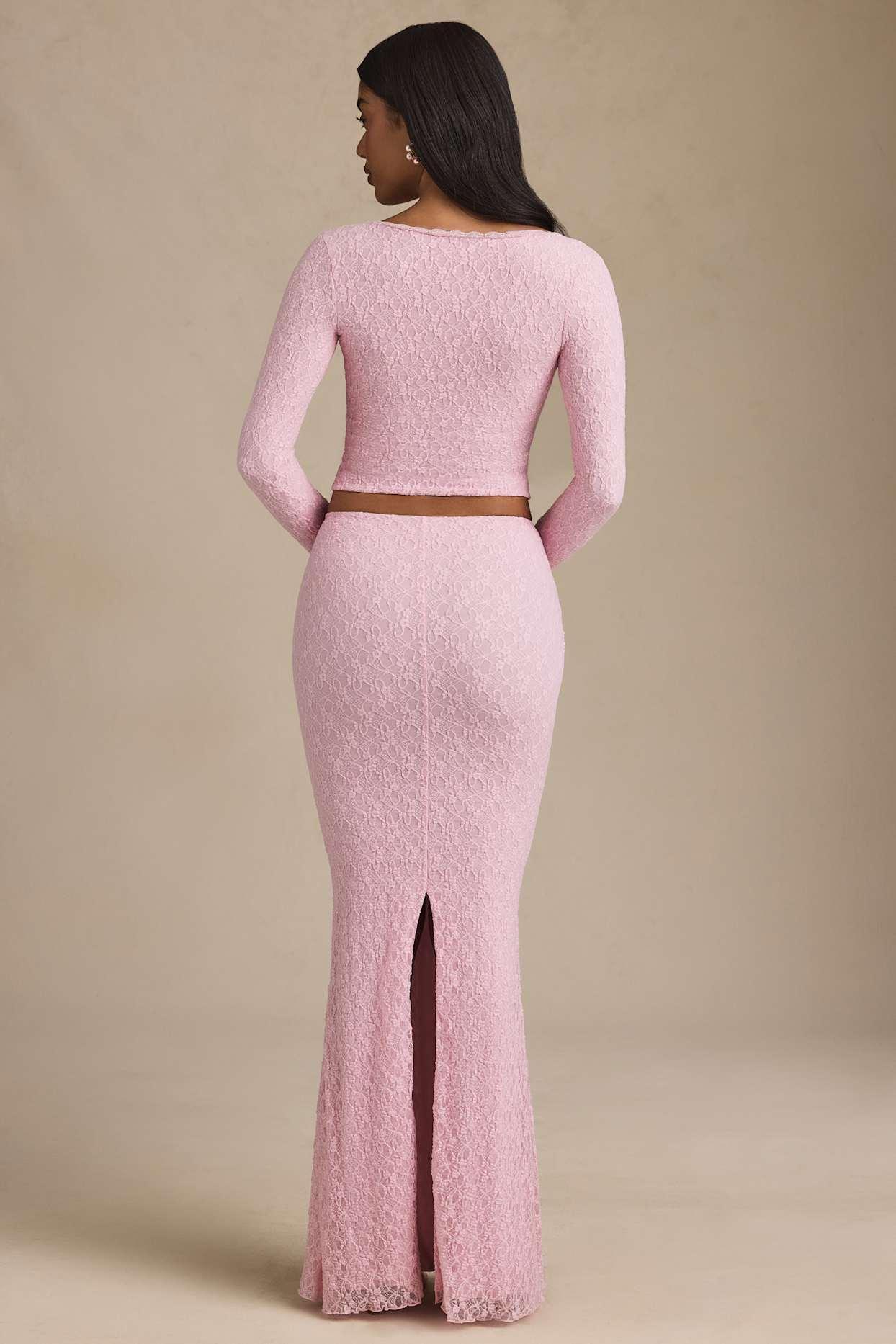 Draped Low-Rise Lace Maxi Skirt in Soft Pink Product Image