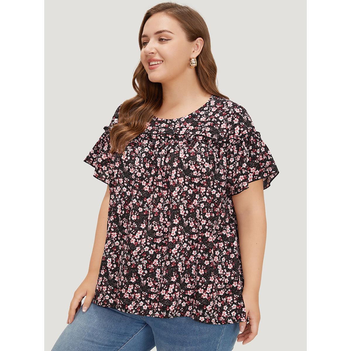 Plus Size BlackFlower Ditsy Floral Frill Trim Gathered Ruffle Sleeve Blouse Women Elegant Short sleeve Round Neck Dailywear Blouses BloomChic 14-16/1X Product Image