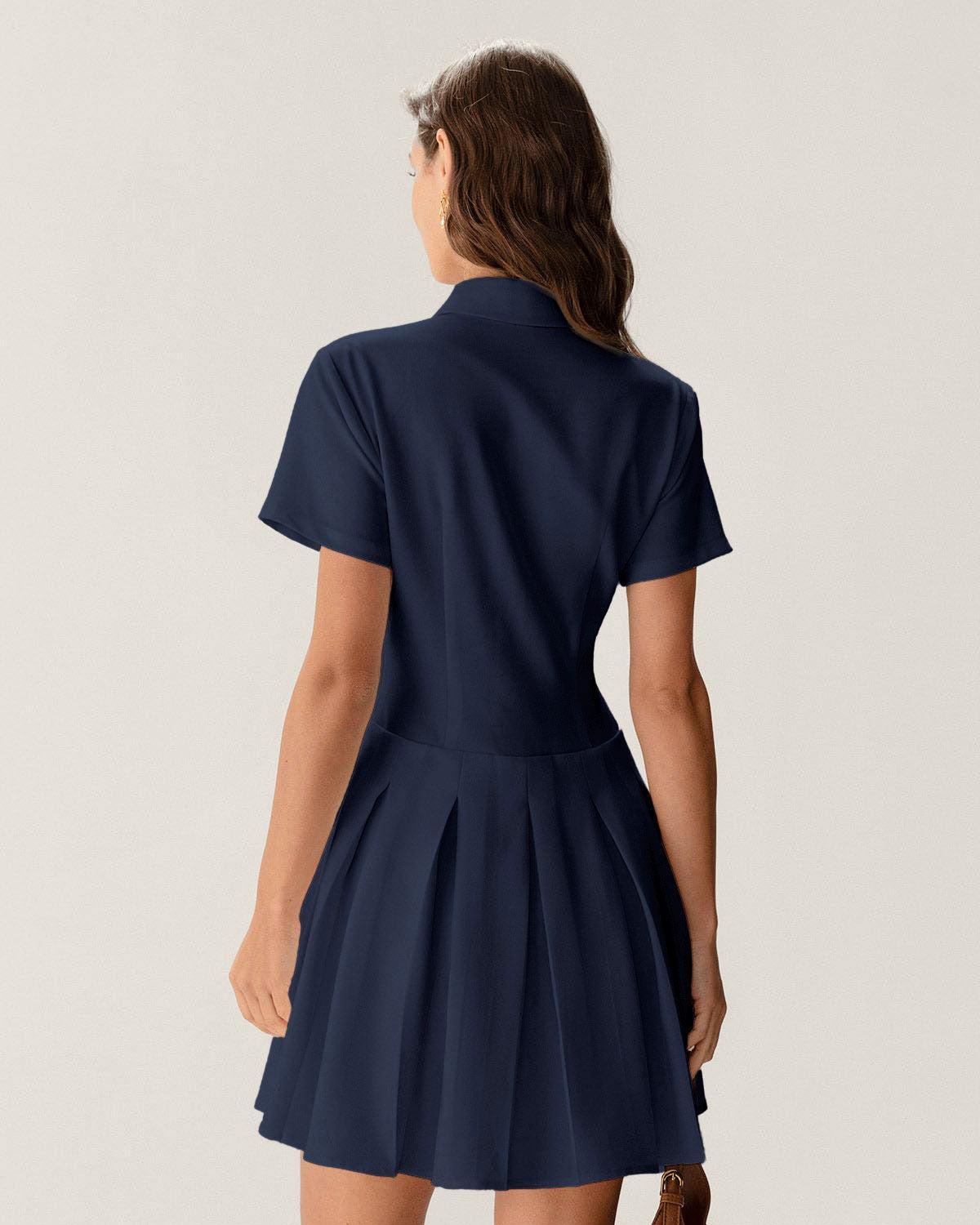 Navy Button Pleated Mini Dress Product Image